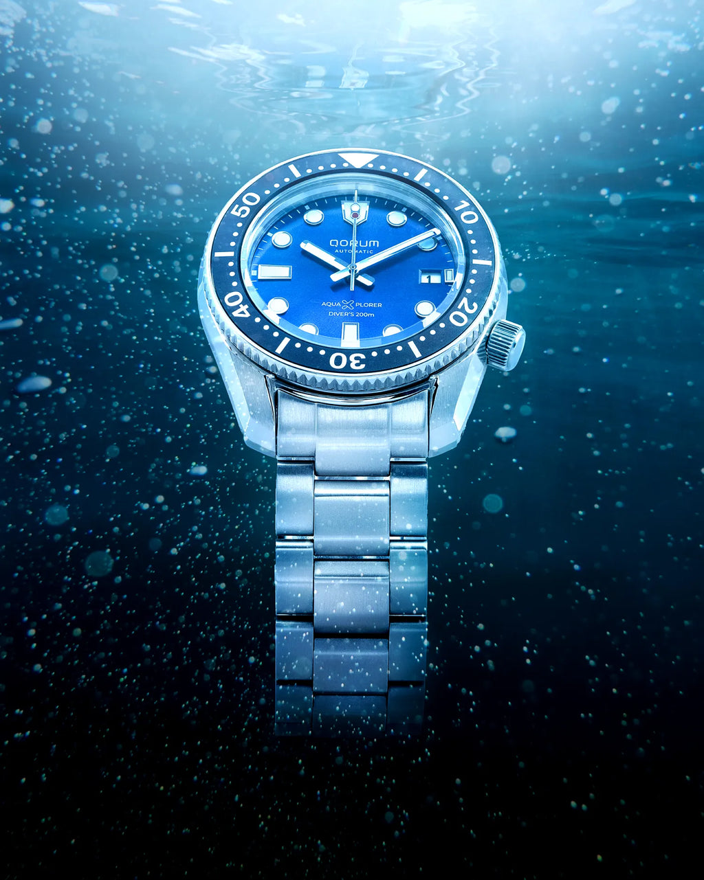 Qorum Aquaxplorer Men’s Automatic Watch - Royal Blue Dial, Date Display, Stainless Steel Strap