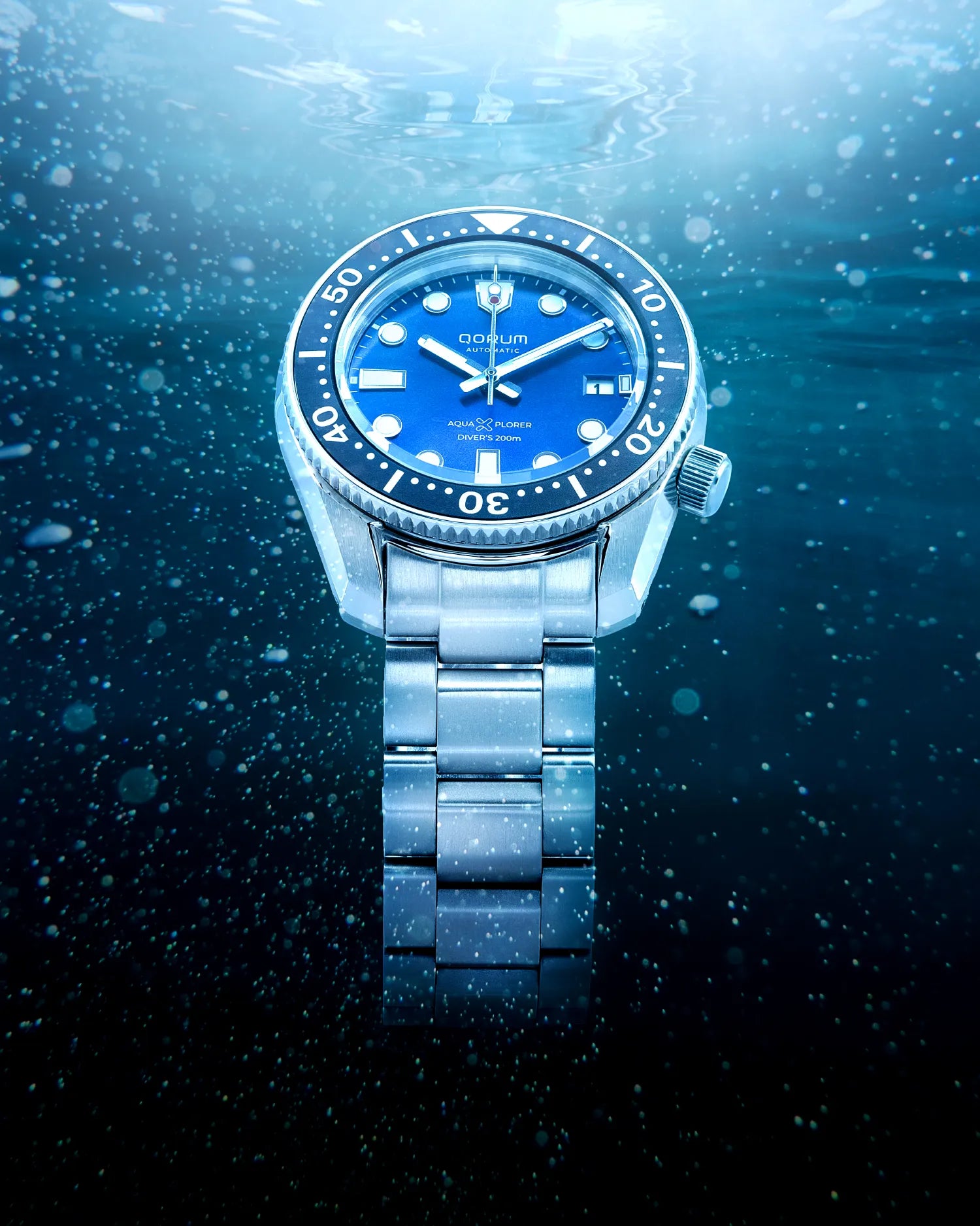 Qorum Aquaxplorer Men’s Automatic Watch – Royal Blue Dial, Date Display, Stainless Steel Strap