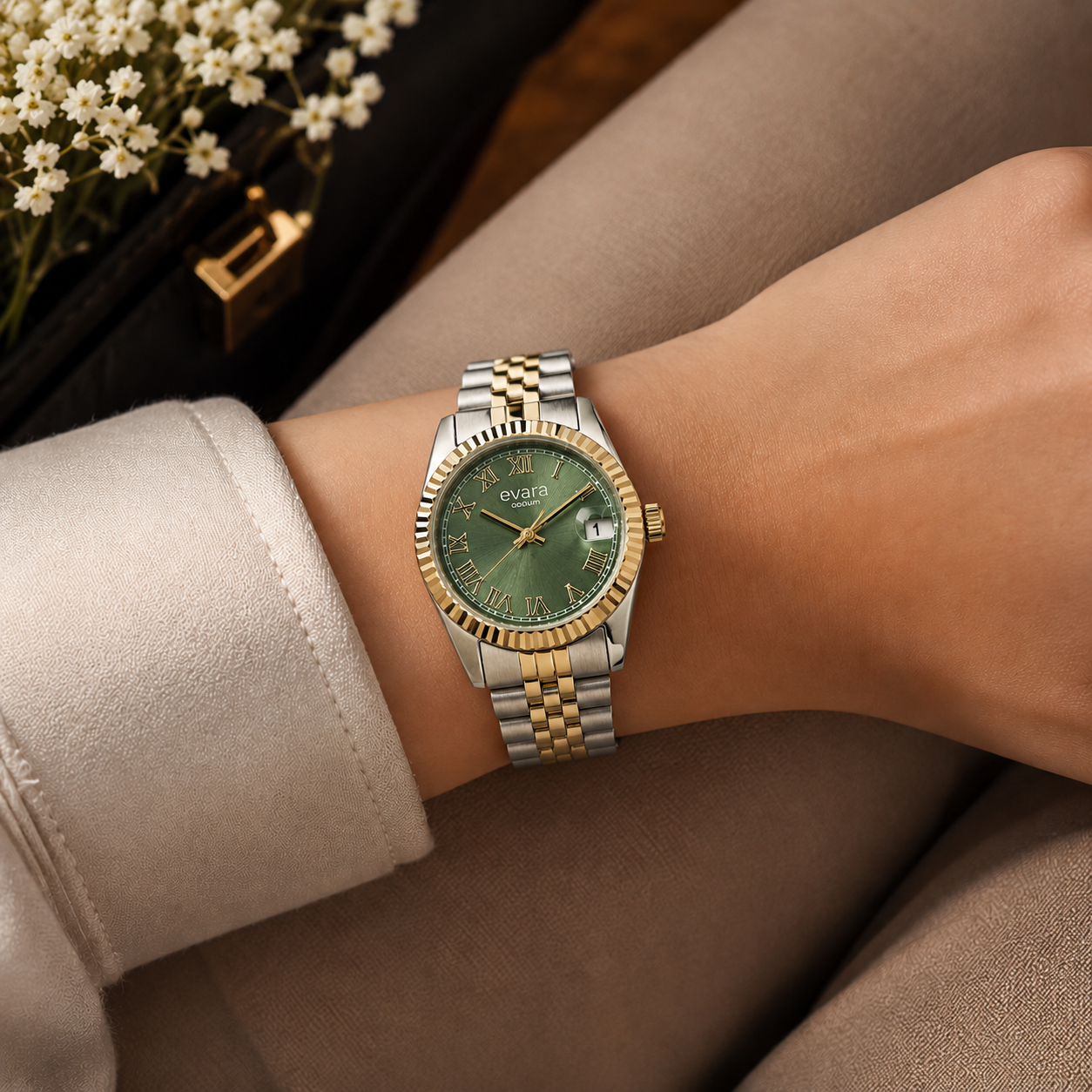 Qorum Evara -Ladies Watch: Two-Tone Gold plated Stainless Steel Case with Green dial