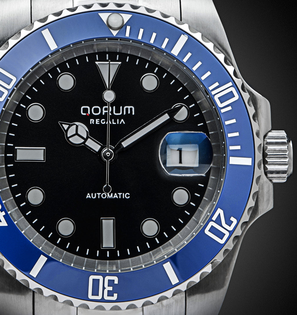 Qorum Regalia Men’s Automatic Watch - Black Dial, Blue Bezel, Date Display, Stainless Steel Strap