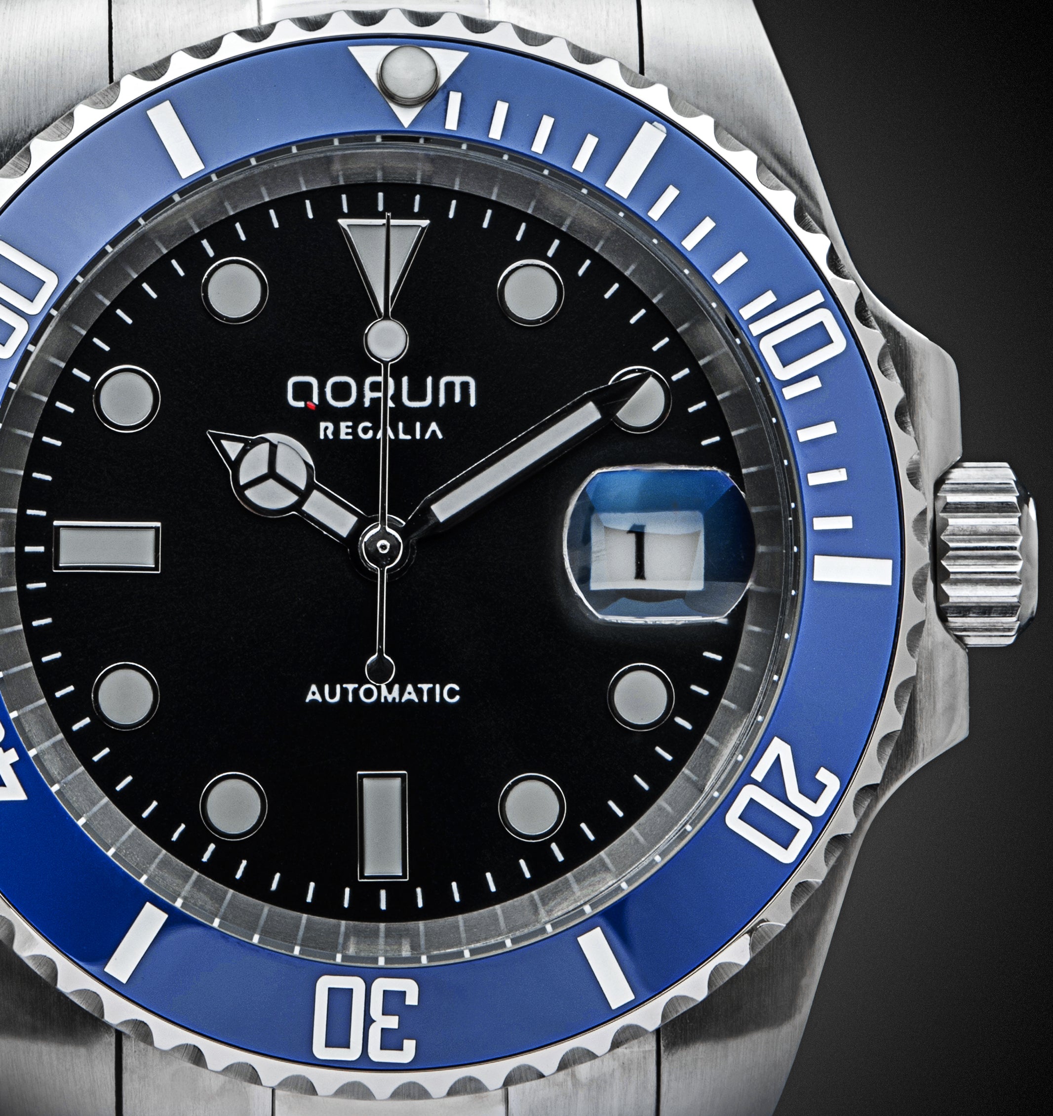 Qorum Regalia Men’s Automatic Watch - Black Dial, Blue Bezel, Date Display, Stainless Steel Strap