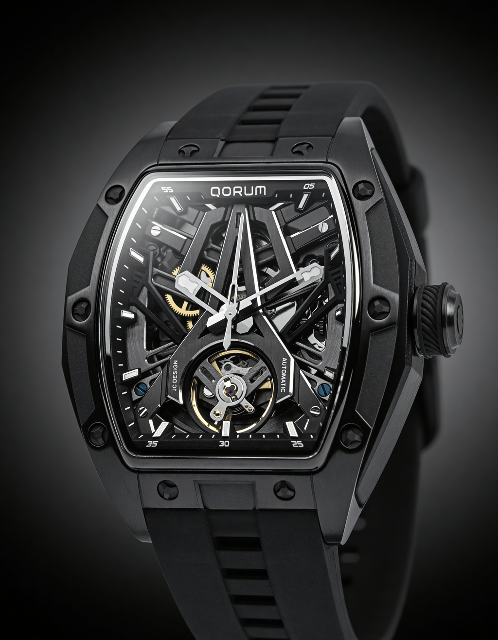Qorum Equinox Men’s Automatic Skeleton Watch - Black Dial, Black silicon strap
