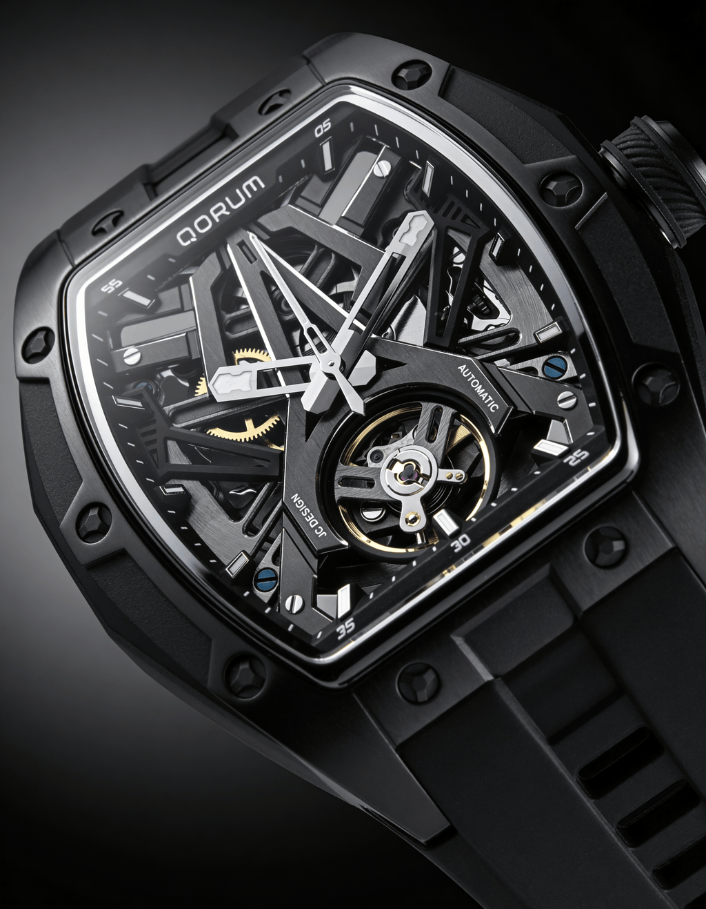 Qorum Equinox Men’s Automatic Skeleton Watch - Black Dial, Black silicon strap