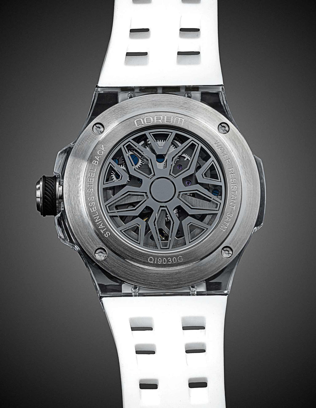 Qorum Equinox Men’s Automatic Skeleton Watch – Steel Finish Dial, Blue Detailing, White Silicon Strap