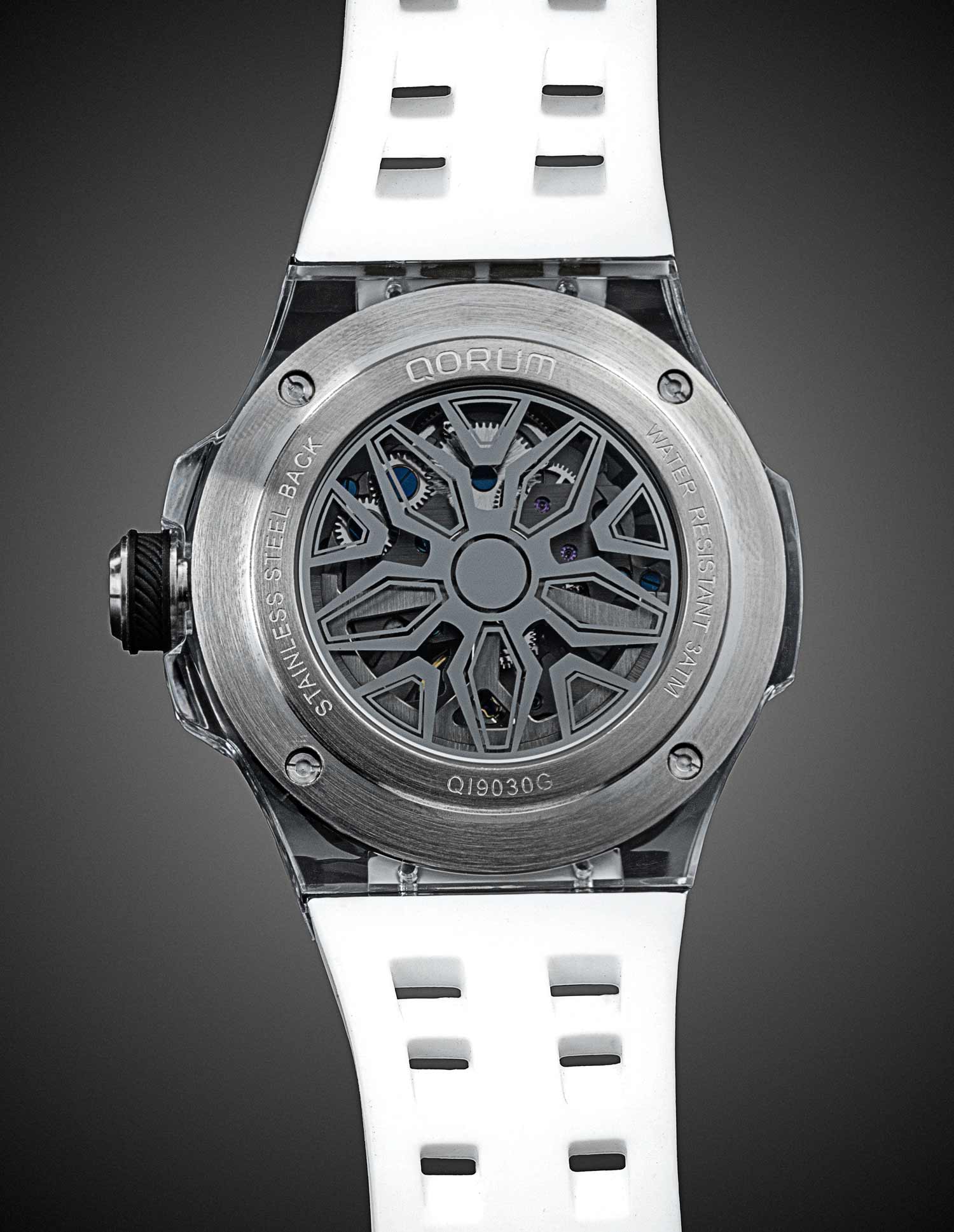 Qorum Equinox Men’s Automatic Skeleton Watch – Steel Finish Dial, Blue Detailing, White Silicon Strap