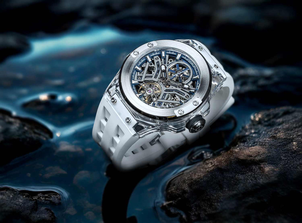 Qorum Equinox Men’s Automatic Skeleton Watch – Steel Finish Dial, Blue Detailing, White Silicon Strap