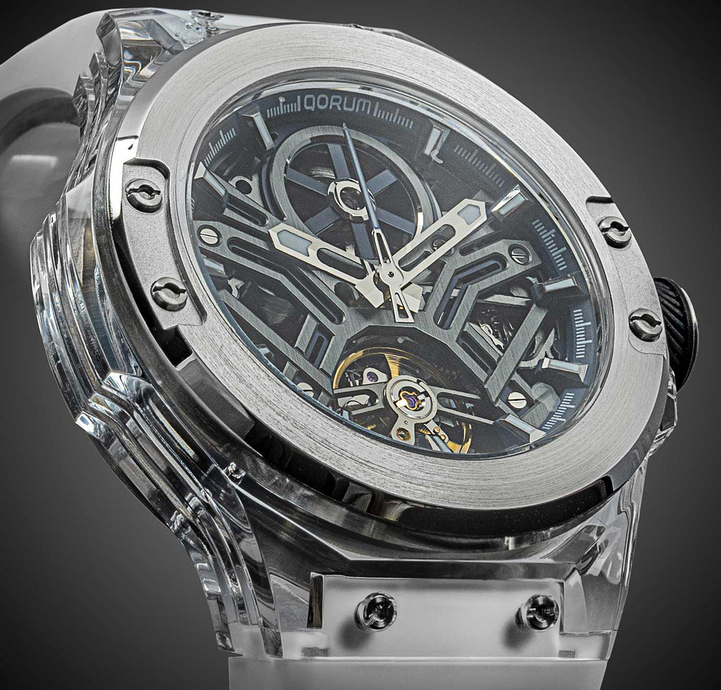 Qorum Equinox Men’s Automatic Skeleton Watch – Steel Finish Dial, Blue Detailing, White Silicon Strap