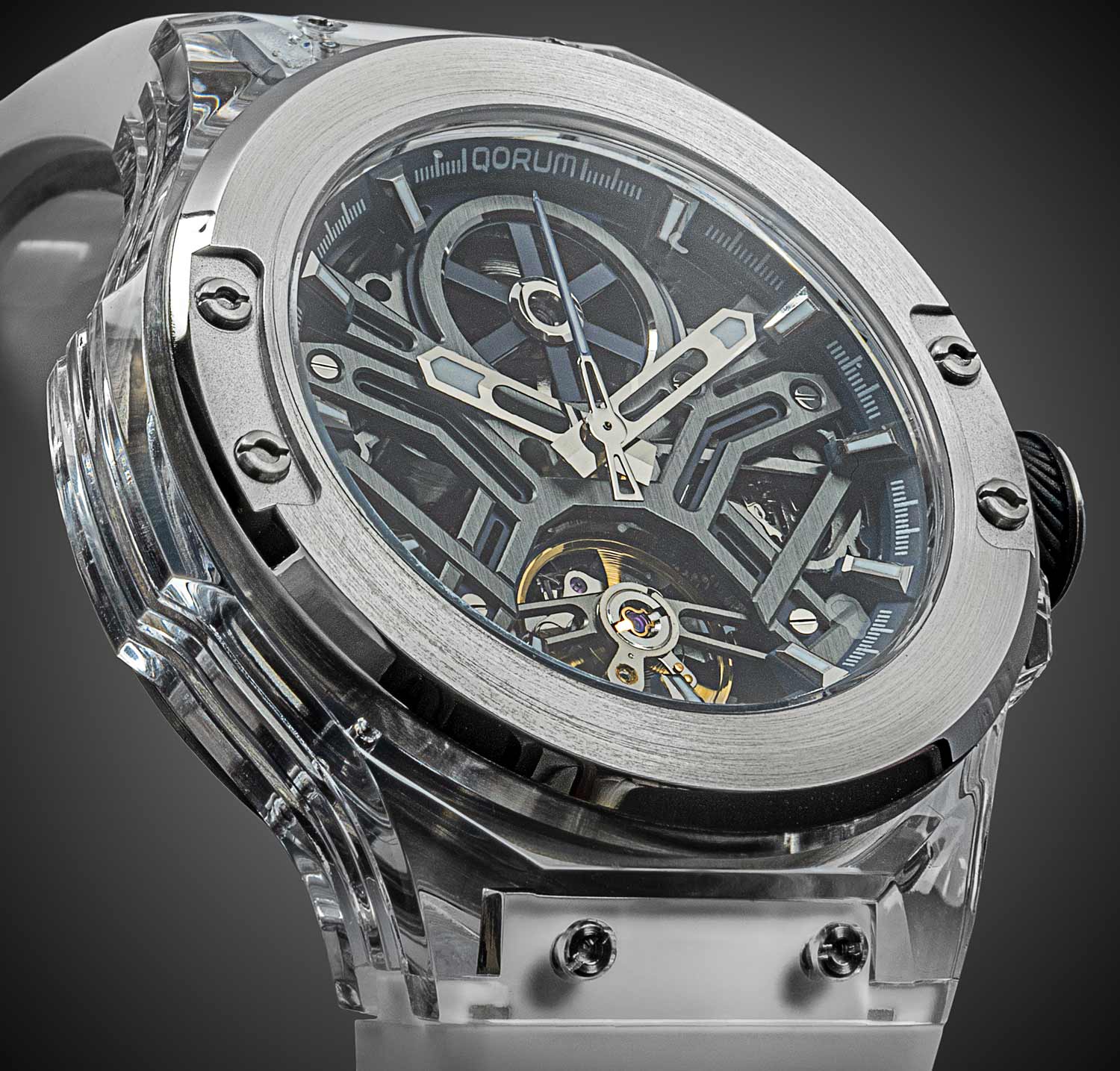 Qorum Equinox Men’s Automatic Skeleton Watch – Steel Finish Dial, Blue Detailing, White Silicon Strap