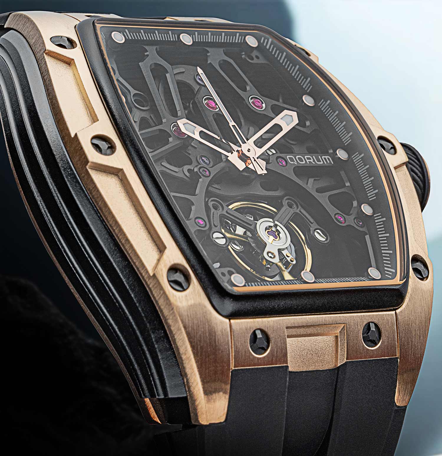 Qorum Equinox Men’s Multi-Function Skeleton Watch – Black Dial, Rose Gold Detailing, Black Silicon strap 9198G-1