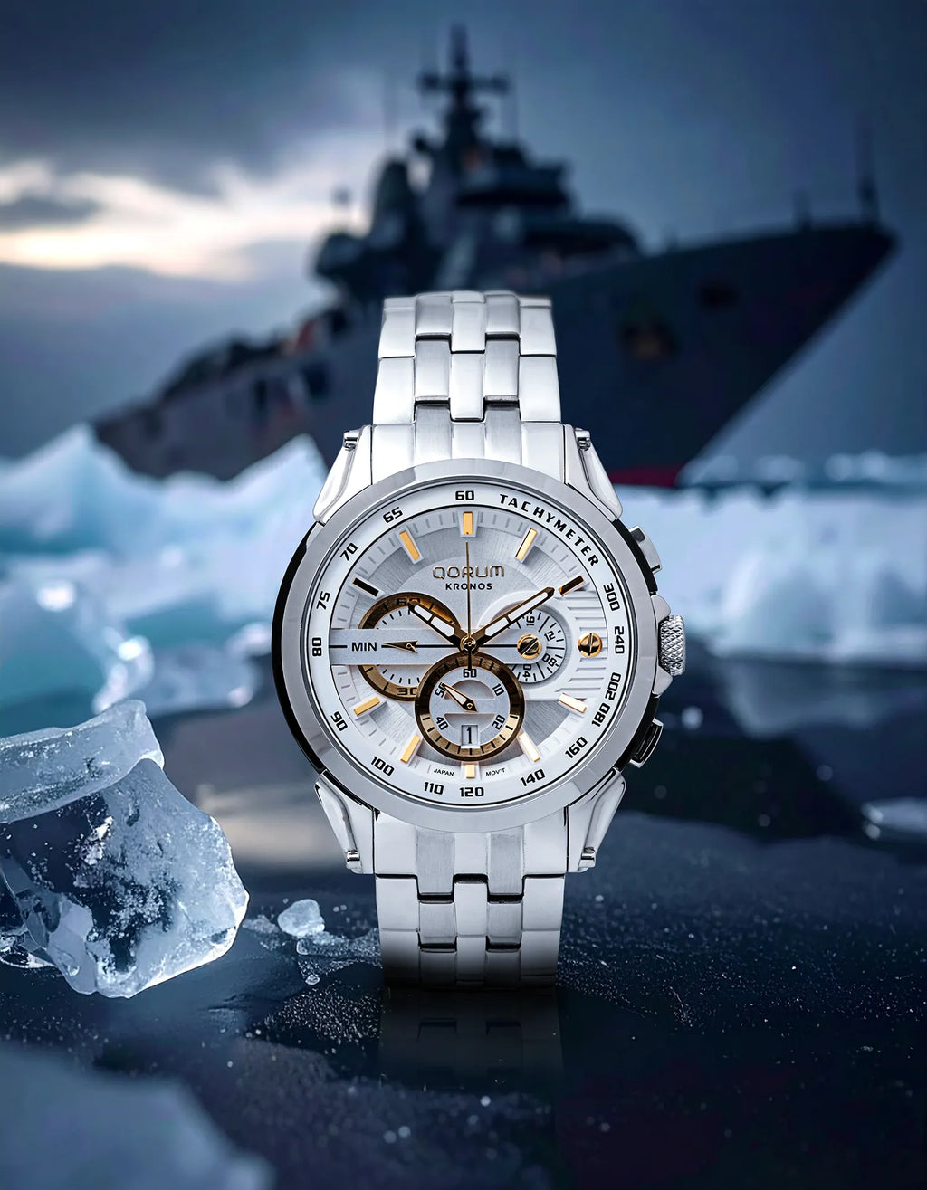 Qorum Kronos Men’s Chronograph Watch - Stainless Steel Case With White Dial