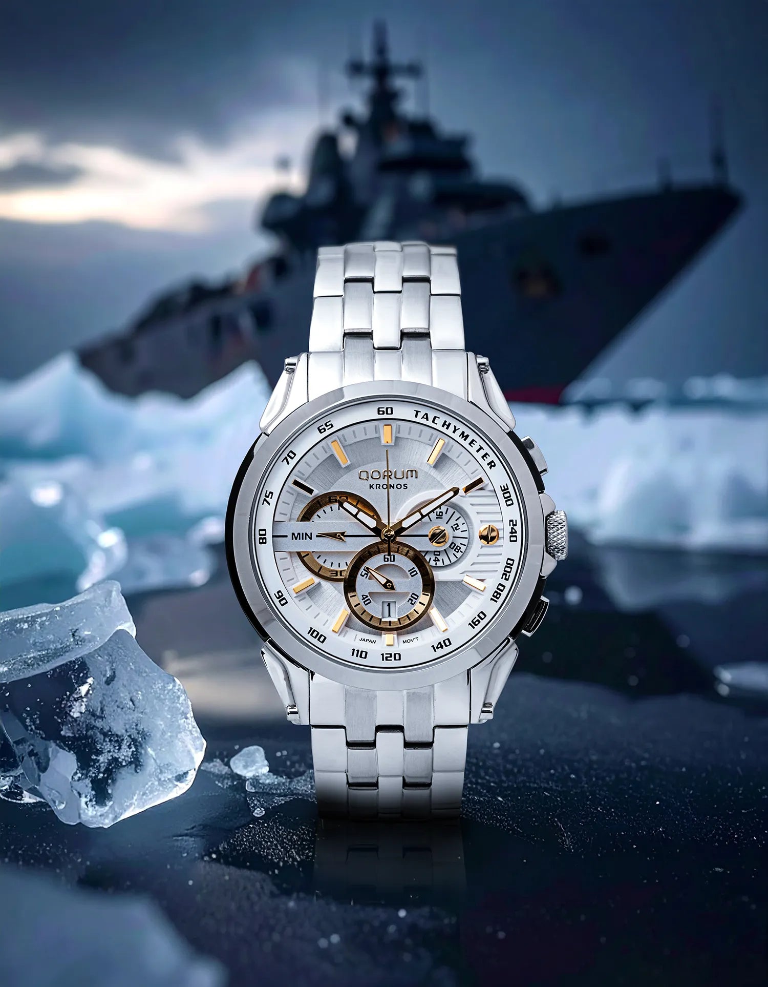 Qorum Kronos Men’s Chronograph Watch - Stainless Steel Case With White Dial