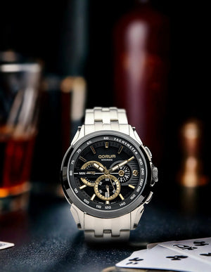 Qorum Kronos Men’s Chronograph Watch - Stainless Steel Case With Black Dial, Stainless Steel Strap