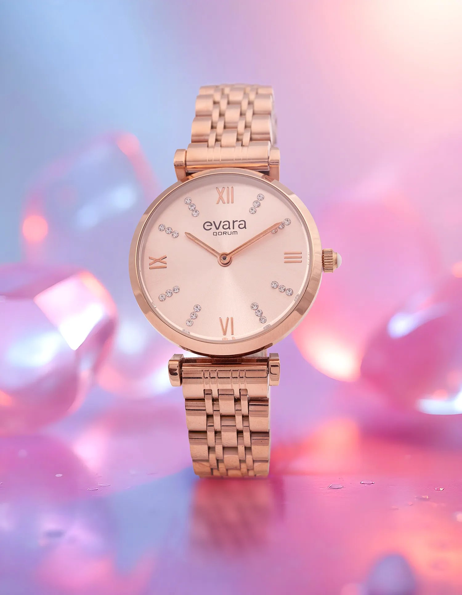 Qorum Evara Ladies Watch - Rose Gold Dial, Rose Gold plated Stainless Steel Strap