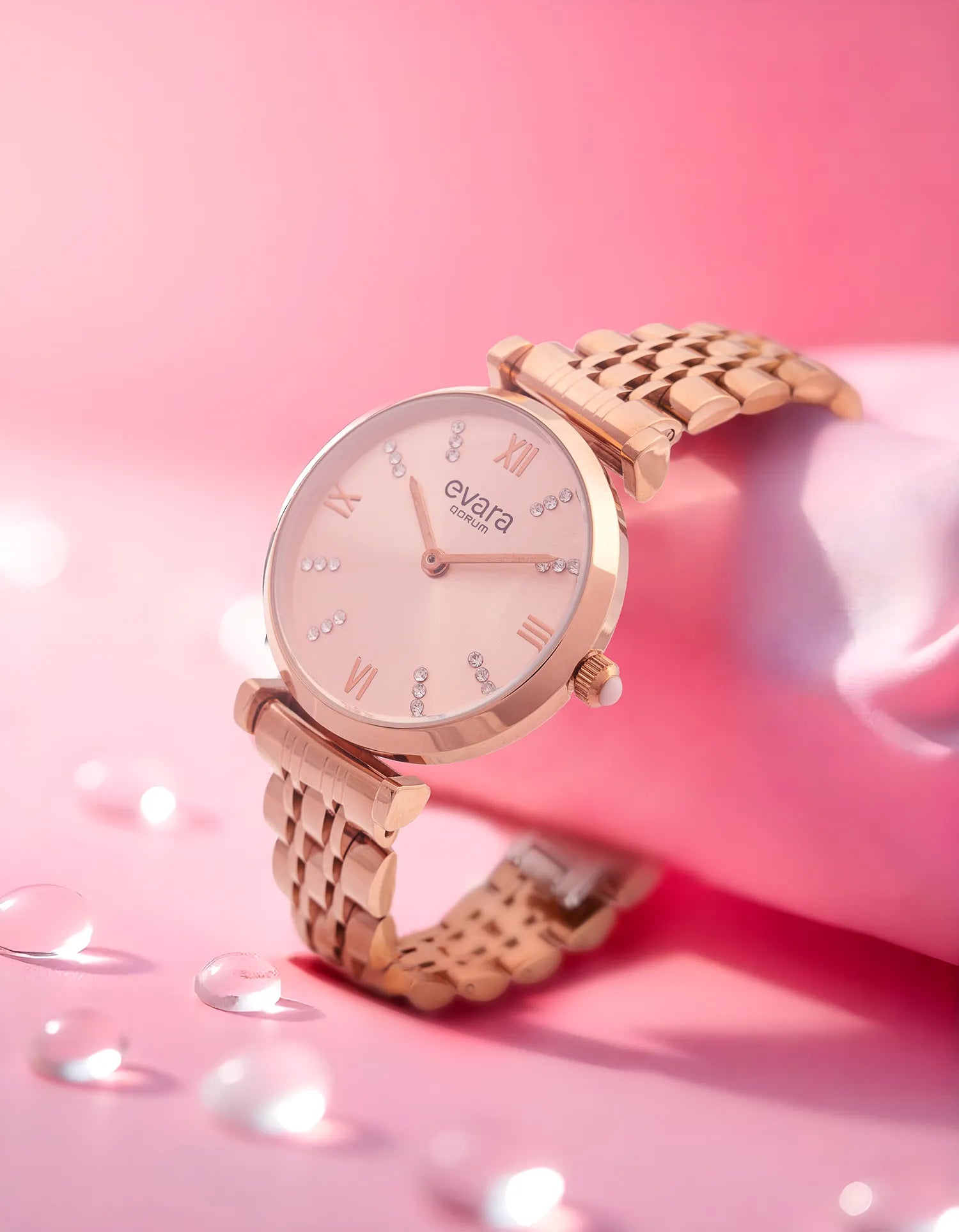 Qorum Evara Ladies Watch - Rose Gold Dial, Rose Gold Plated Stainless Steel Strap