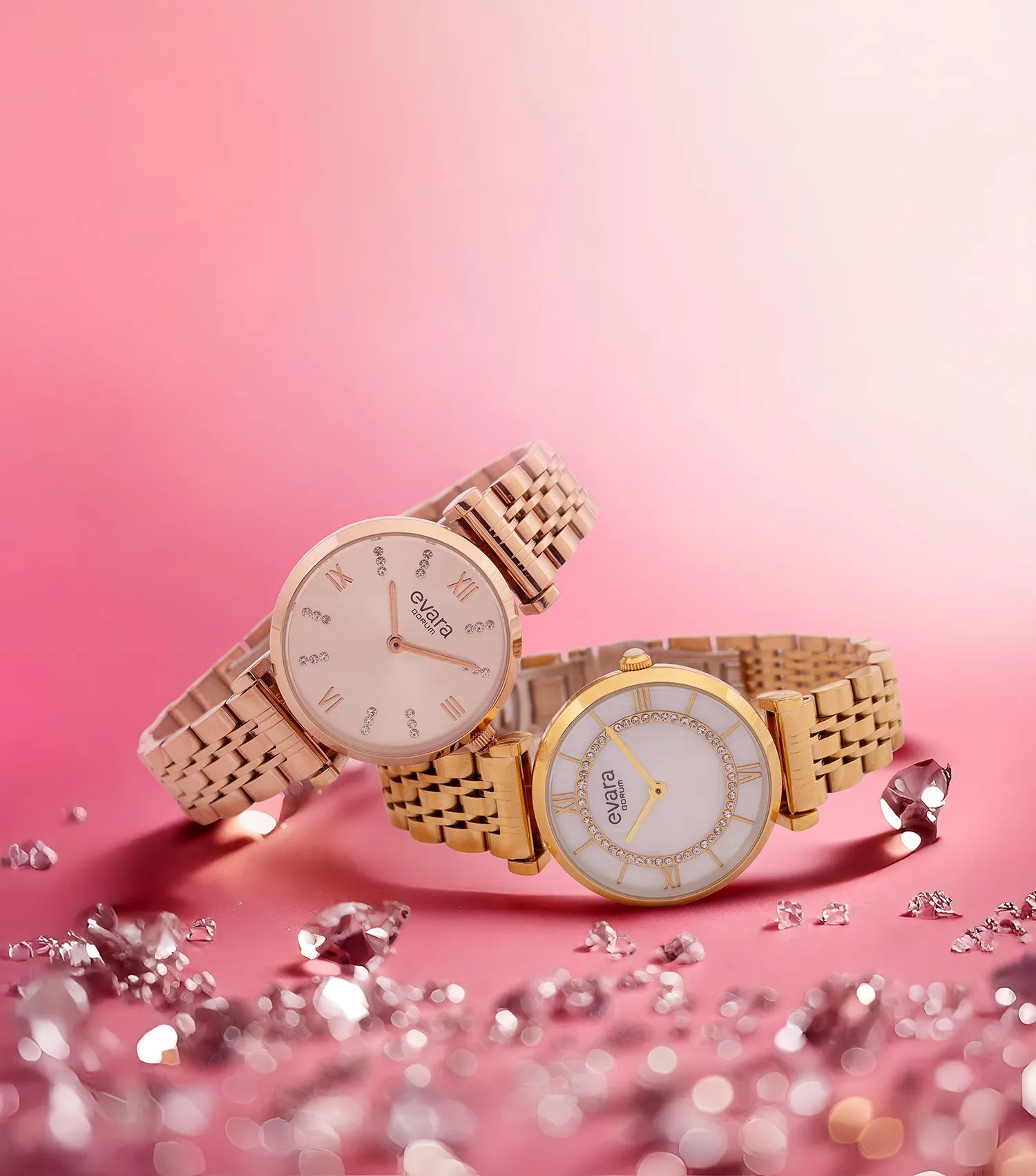 Qorum Evara Ladies Watch - Rose Gold Dial, Rose Gold Plated Stainless Steel Strap