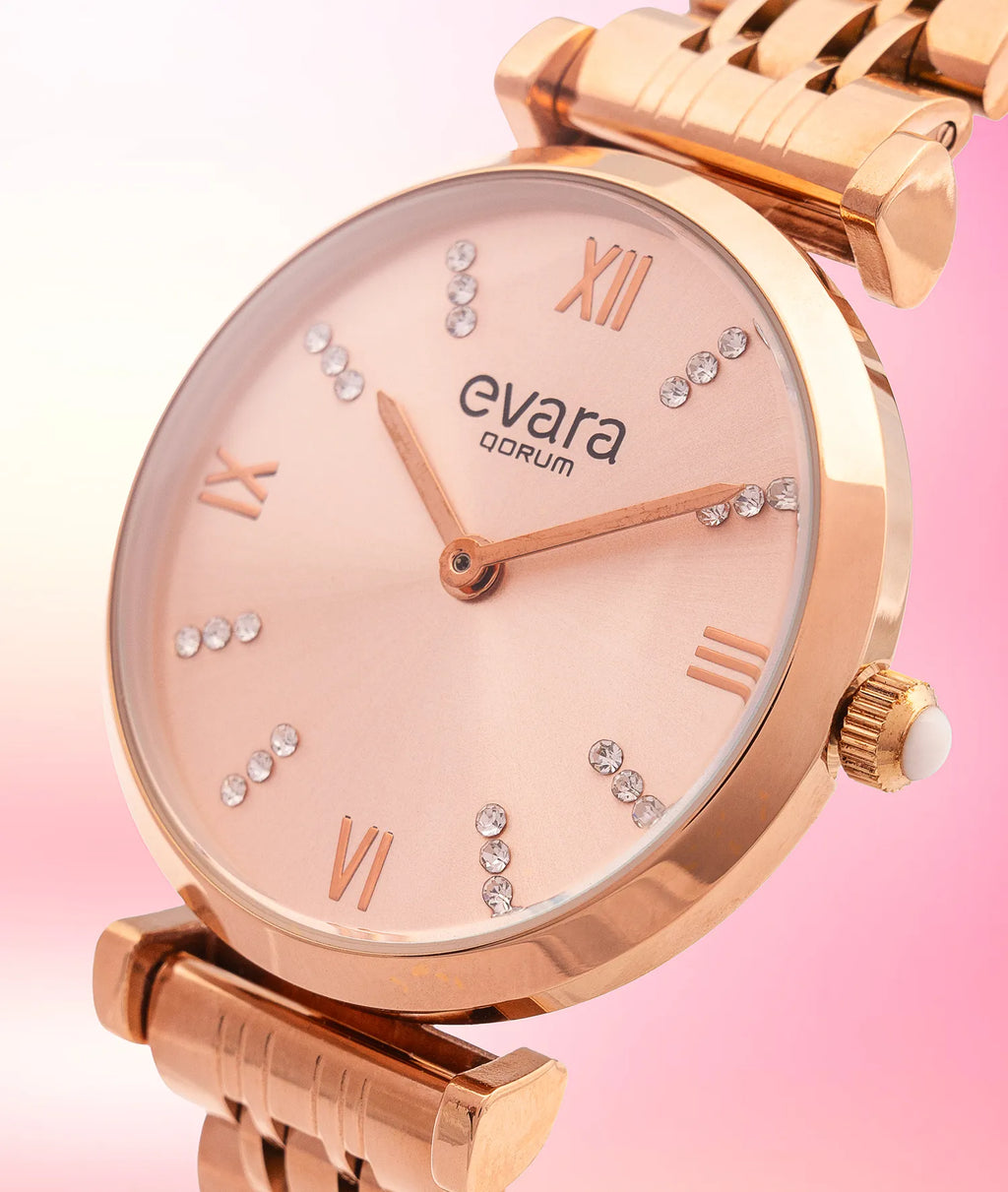 Qorum Evara Ladies Watch - Rose Gold Dial, Rose Gold plated Stainless Steel Strap