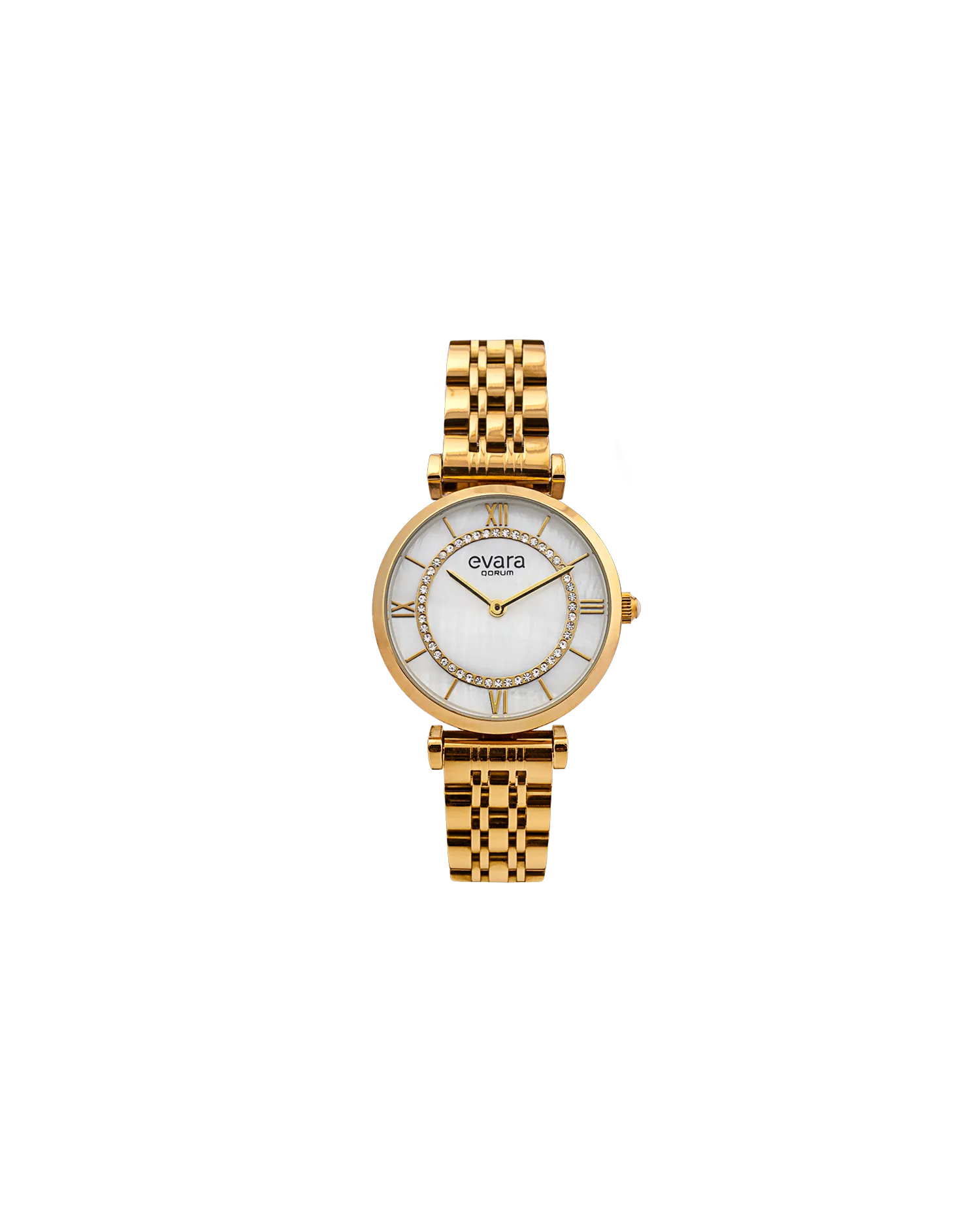 Qorum Evara Ladies Watch - Mother Of Pearl Dial, Gold Plated Stainless Steel Strap