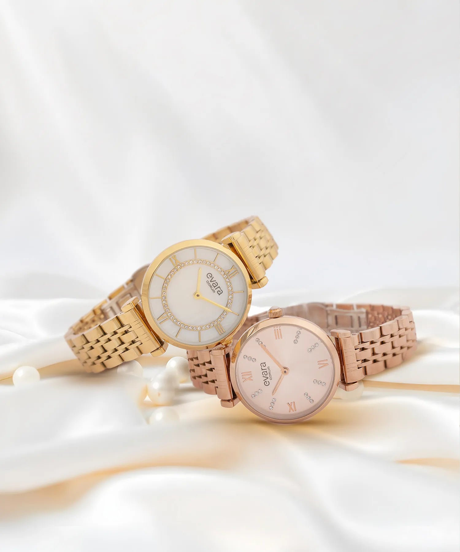 Qorum Evara Ladies Watch - Mother Of Pearl Dial, Gold Plated Stainless Steel Strap