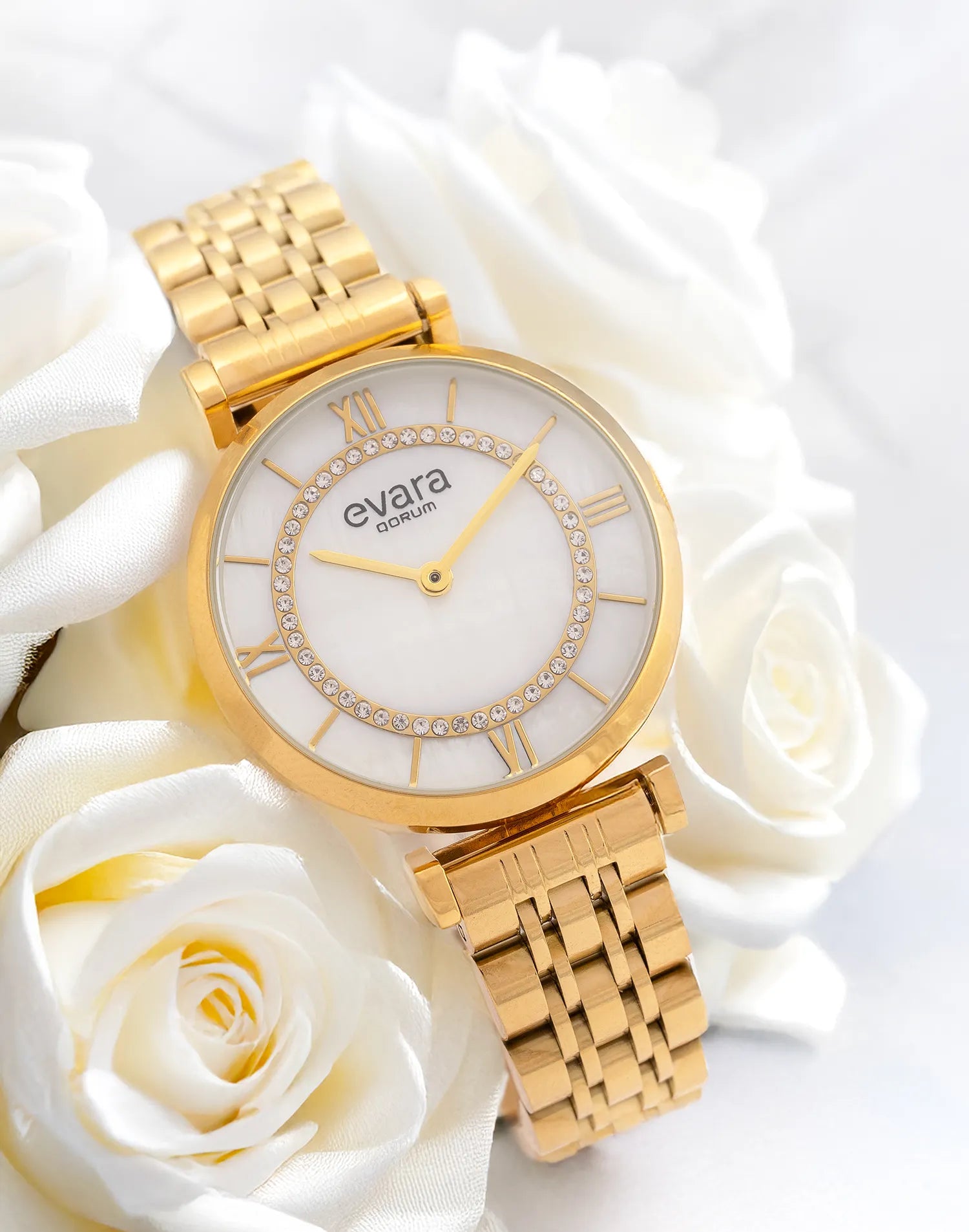 Qorum Evara Ladies Watch - Mother Of Pearl Dial, Gold Plated Stainless Steel Strap