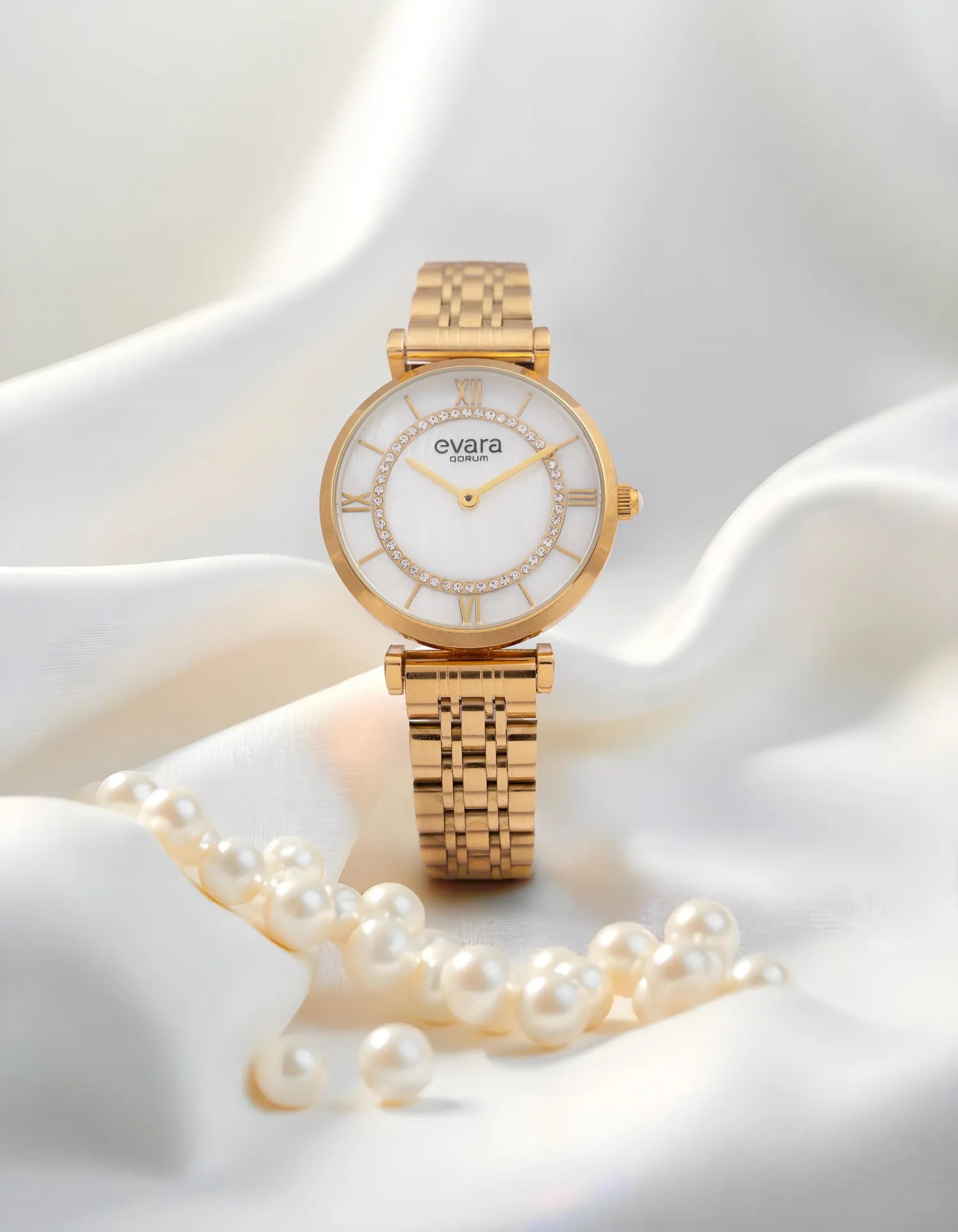 Qorum Evara Ladies Watch - Mother of Pearl Dial, Gold plated Stainless Steel Strap