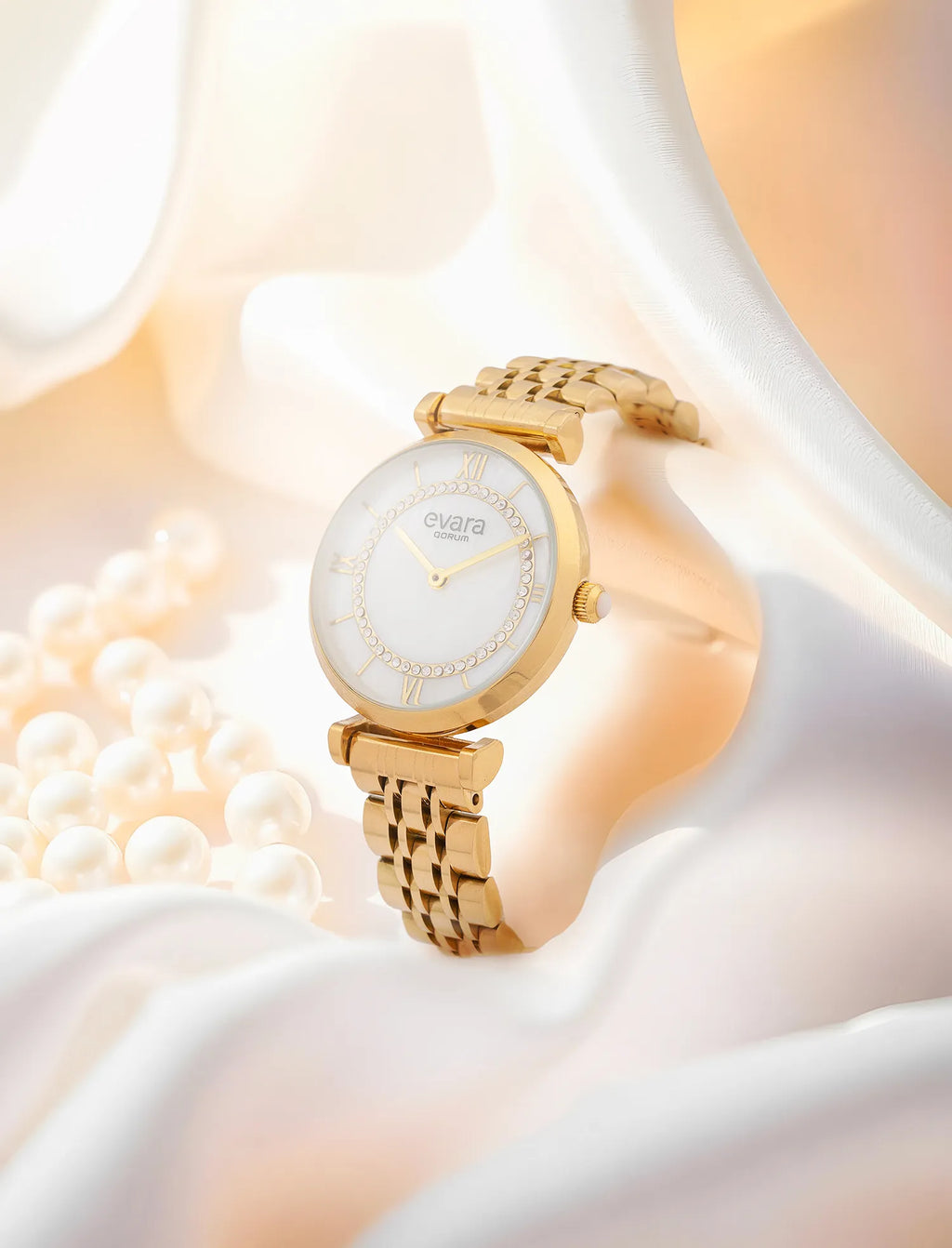 Qorum Evara Ladies Watch - Mother Of Pearl Dial, Gold Plated Stainless Steel Strap