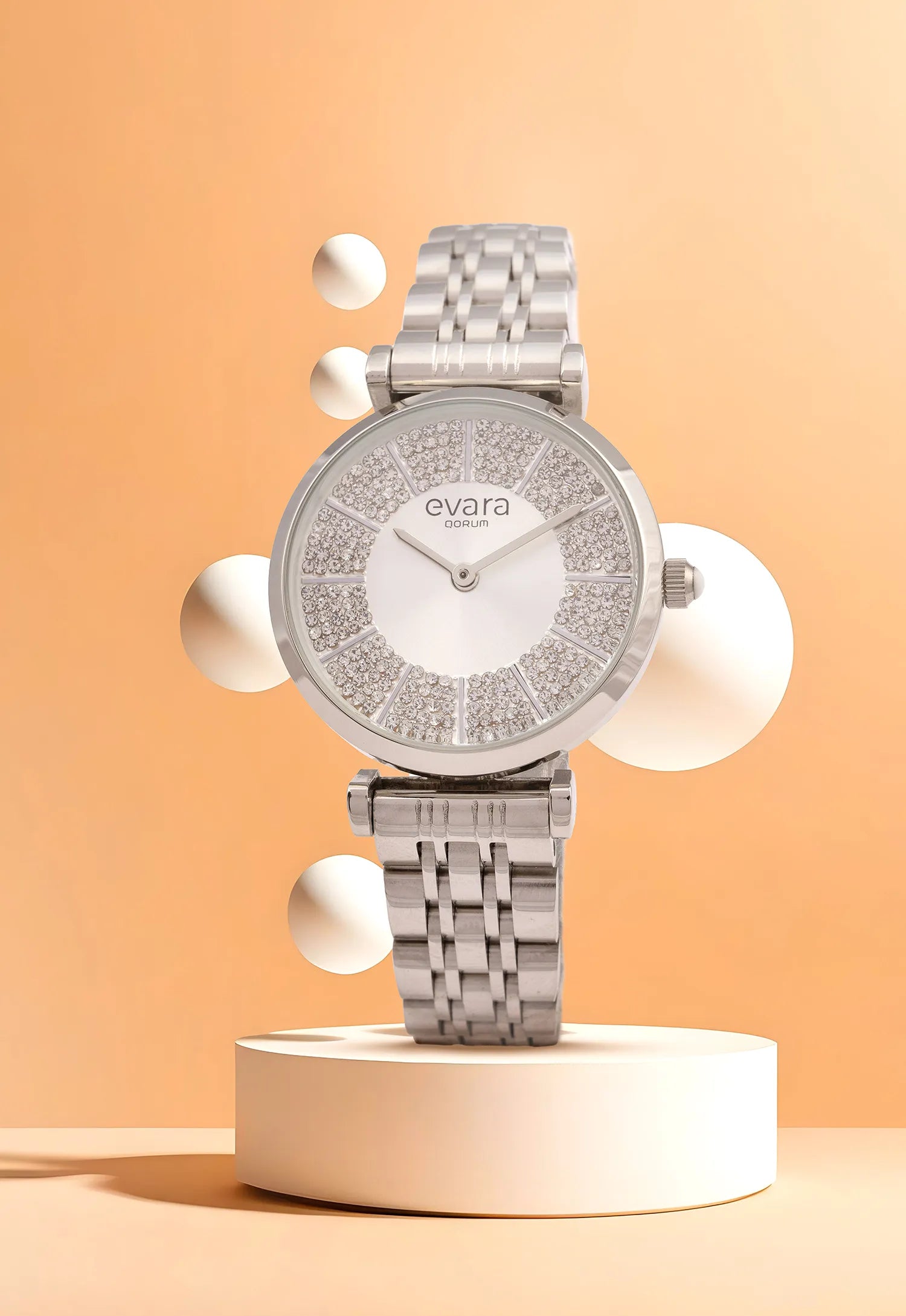 Qorum Evara Ladies Watch - Silver Studded Dial, Stainless Steel Strap