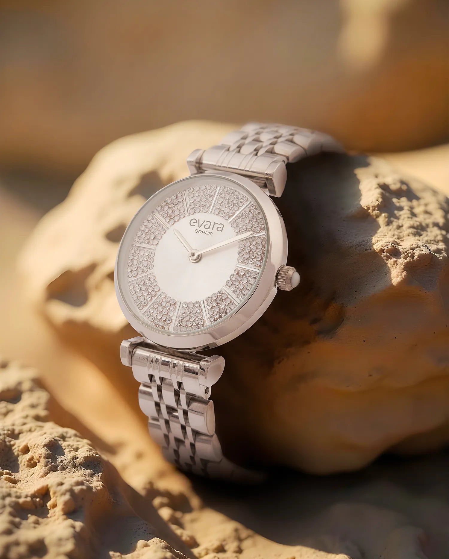 Qorum Evara Ladies Watch - Silver Studded Dial, Stainless Steel Strap