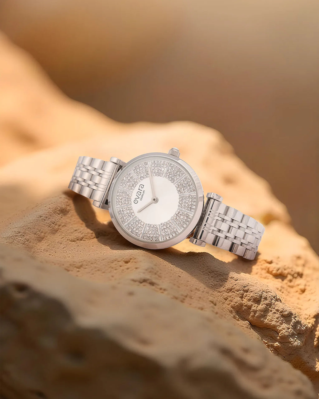 Qorum Evara Ladies Watch - Silver Studded Dial, Stainless Steel Strap