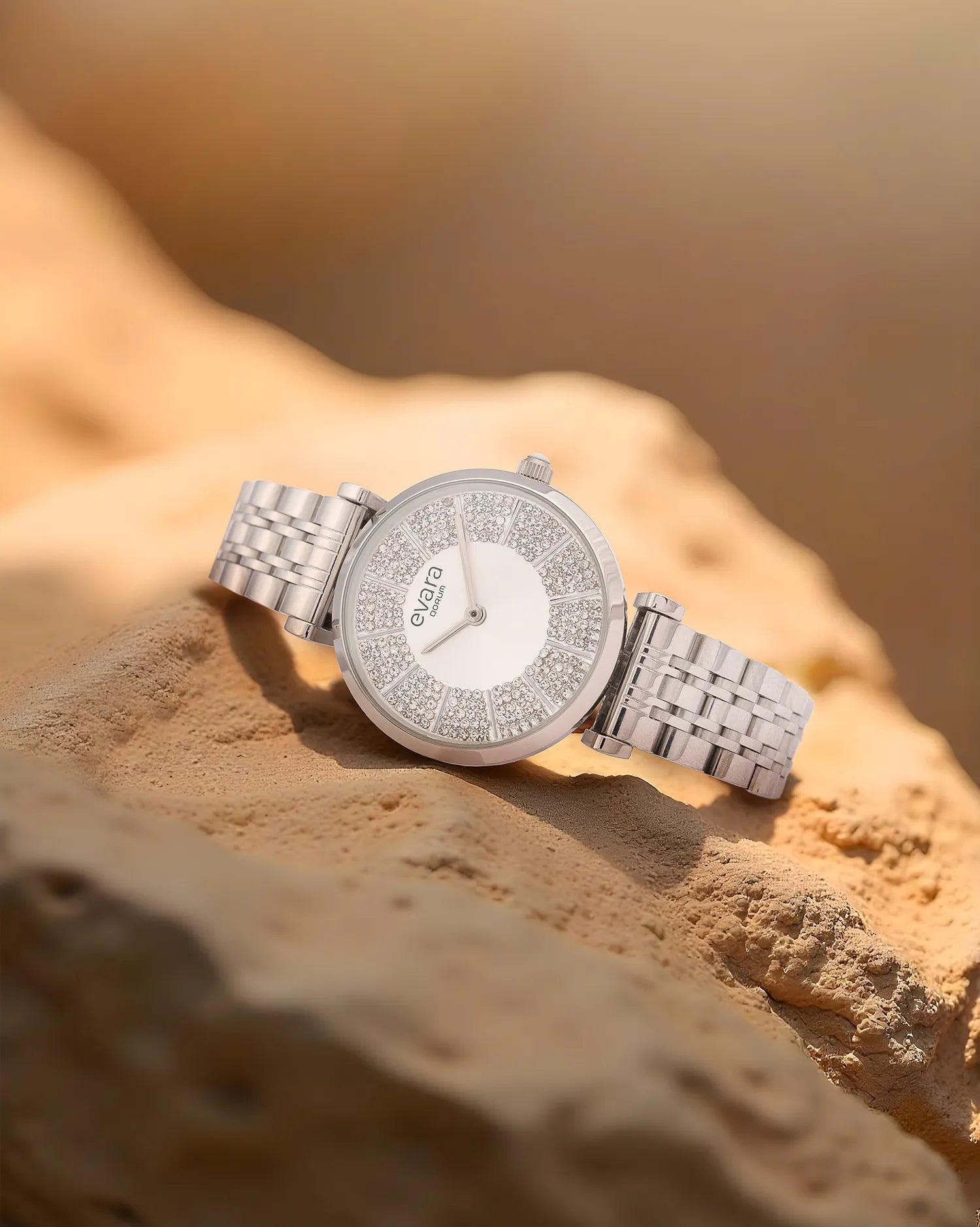 Qorum Evara Ladies Watch - Silver Studded Dial, Stainless Steel Strap