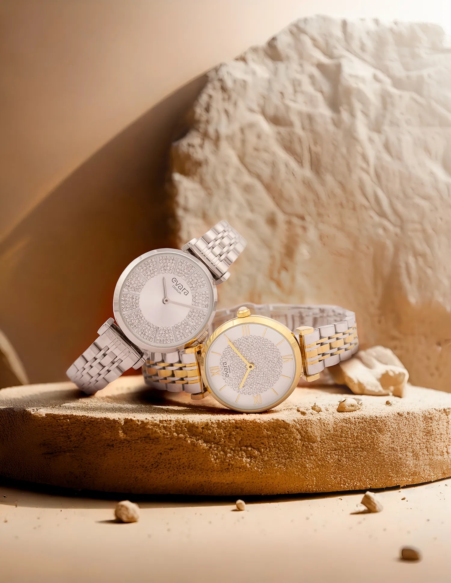 Qorum Evara Ladies Watch - Silver Studded Dial, Stainless Steel Strap