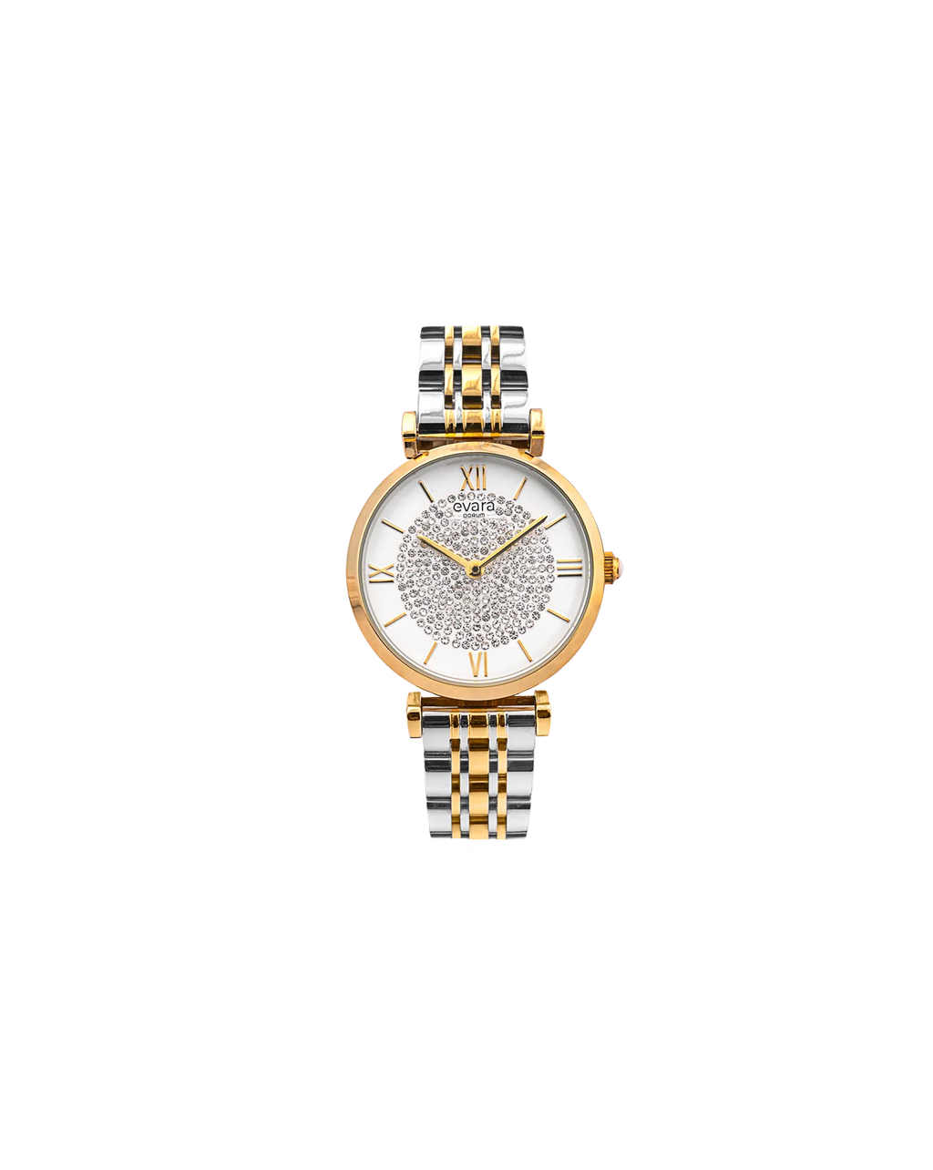Qorum Evara Ladies Watch - Ivory White Studded Dial, Two-tone Gold Plated Stainless Steel Strap