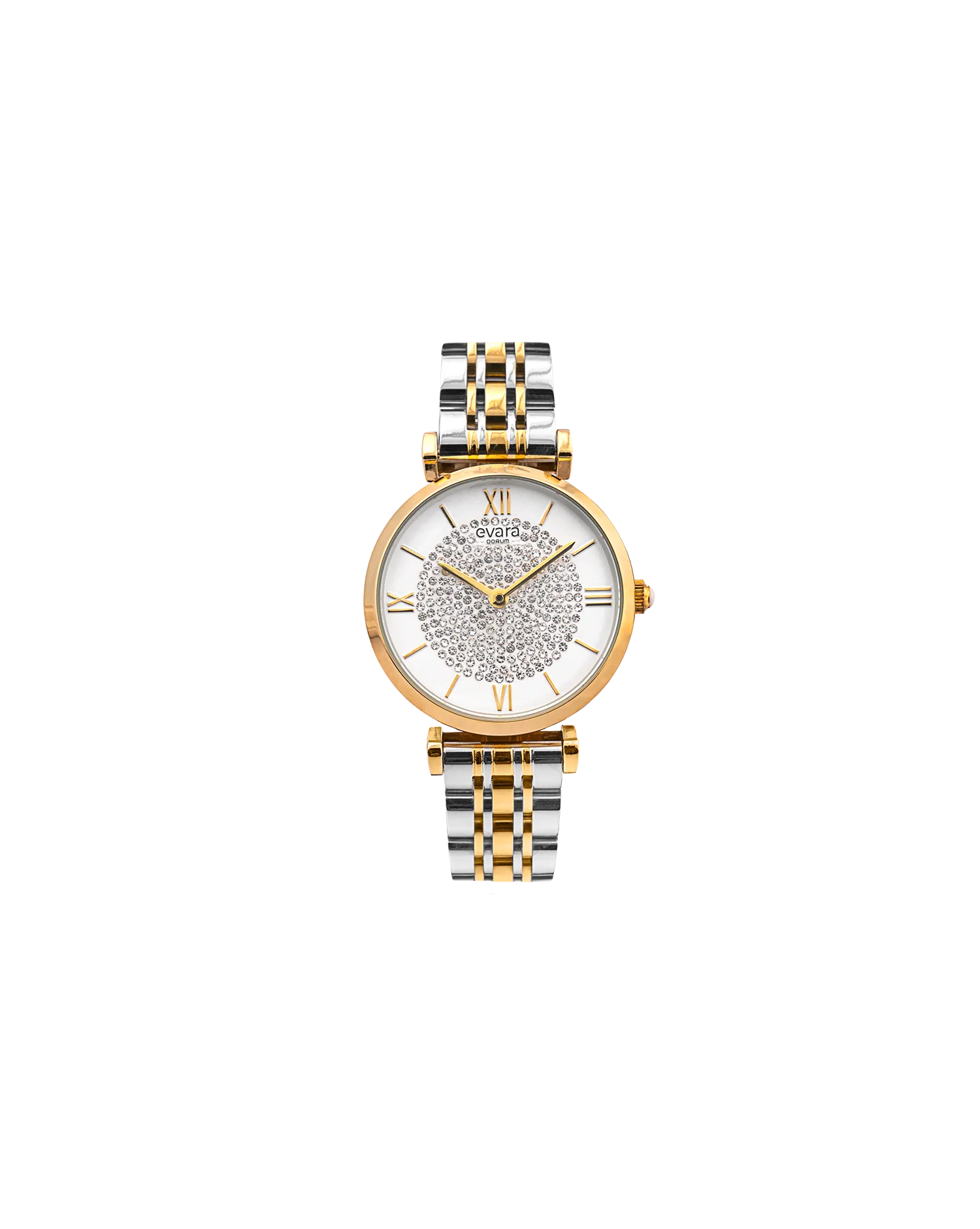 Qorum Evara Ladies Watch - Ivory White Studded Dial, Two-tone Gold Plated Stainless Steel Strap