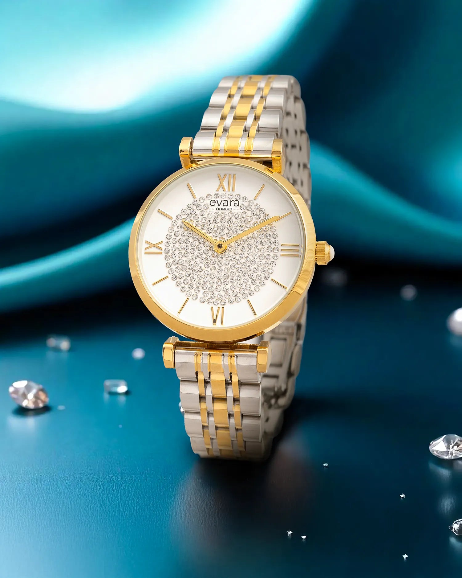 Qorum Evara Ladies Watch - Ivory White Studded Dial, Two-tone Gold Plated Stainless Steel Strap