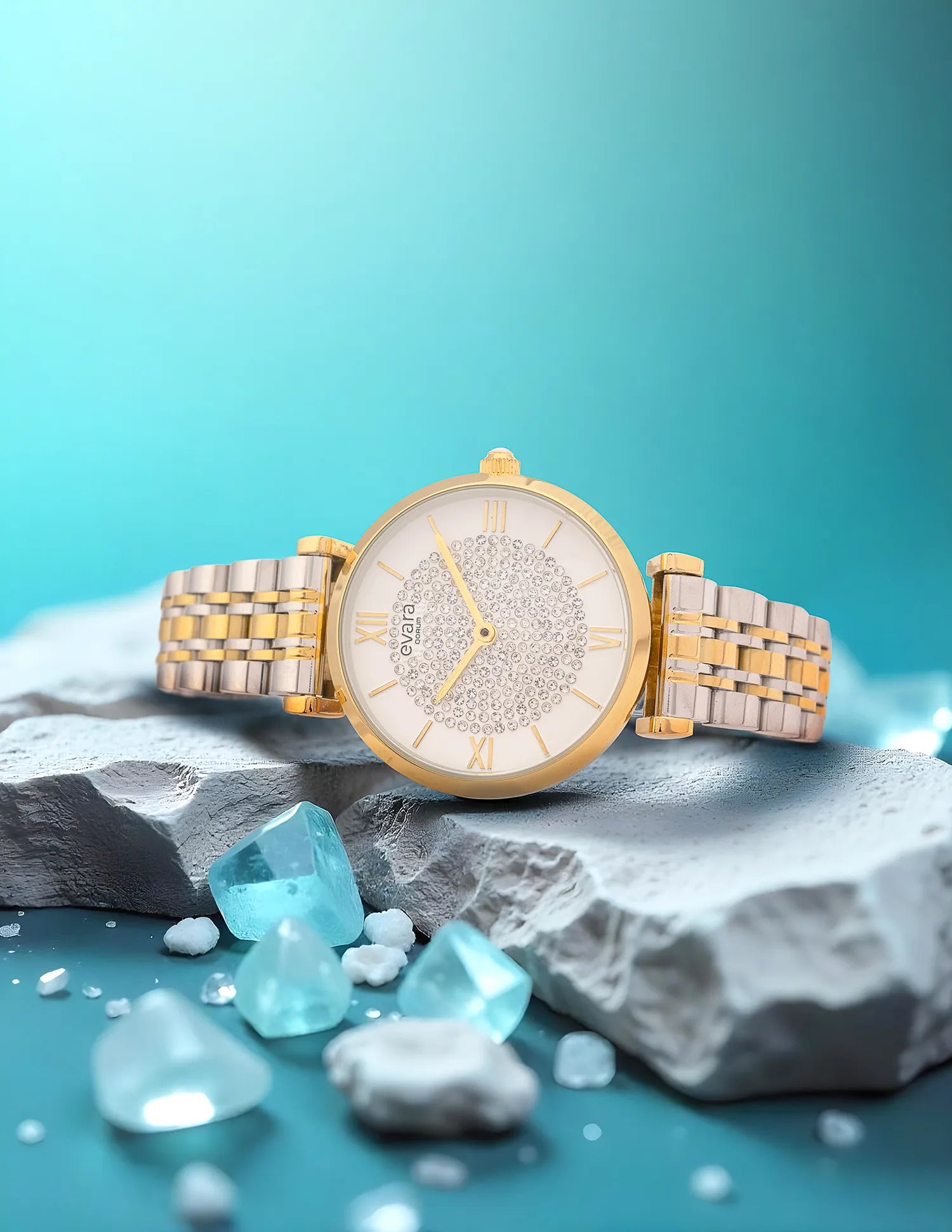 Qorum Evara Ladies Watch - Ivory White Studded Dial, Two-tone Gold Plated Stainless Steel Strap