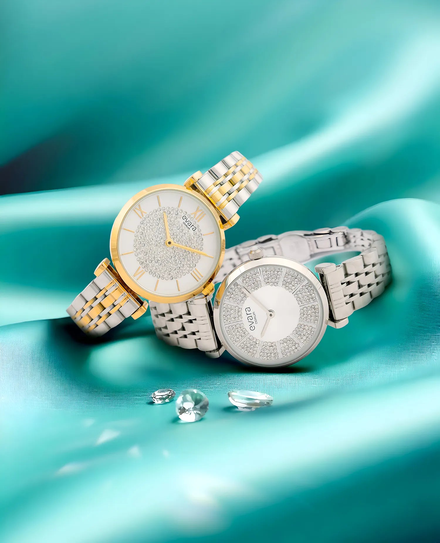 Qorum Evara Ladies Watch - Ivory White Studded Dial, Two-tone Gold Plated Stainless Steel Strap