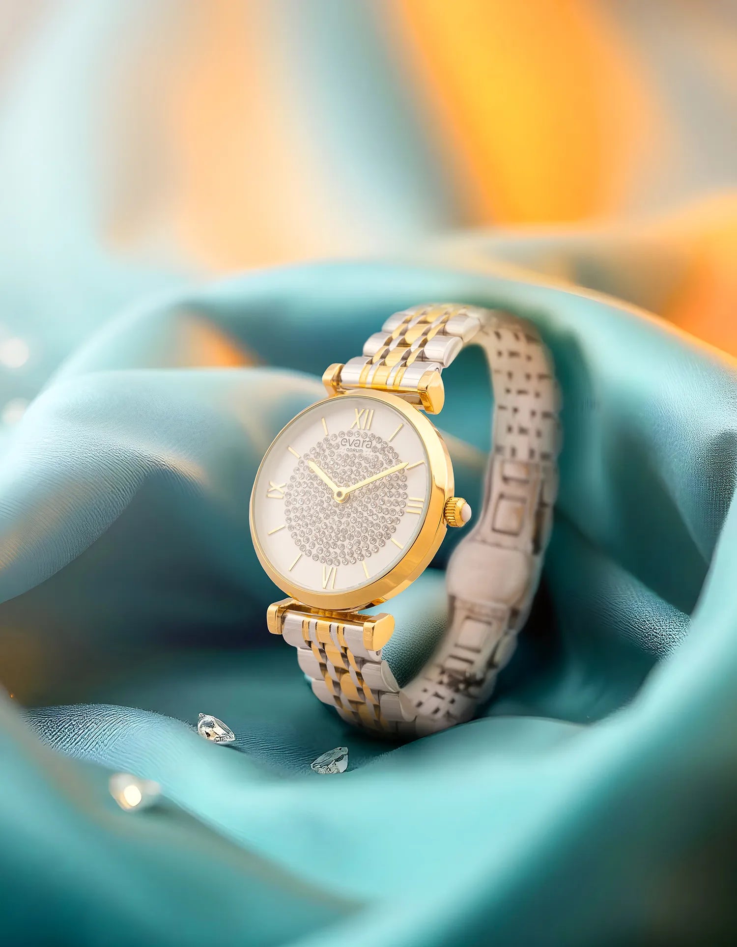 Qorum Evara Ladies Watch - Ivory White Studded Dial, Two-tone Gold Plated Stainless Steel Strap