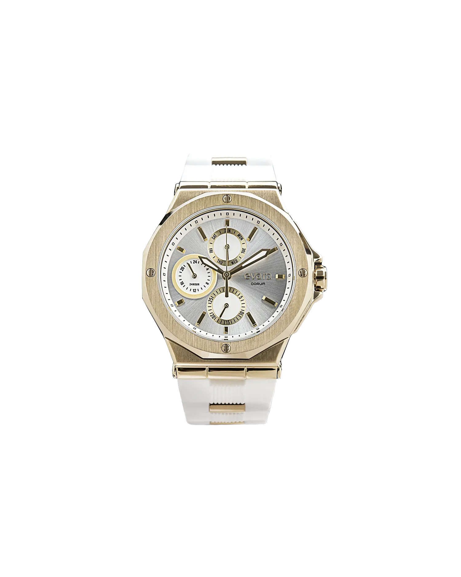 Qorum Evara Ladies Multi-function Watch – White Dial, Gold Plated Stainless Steel Case, White Silicon Strap