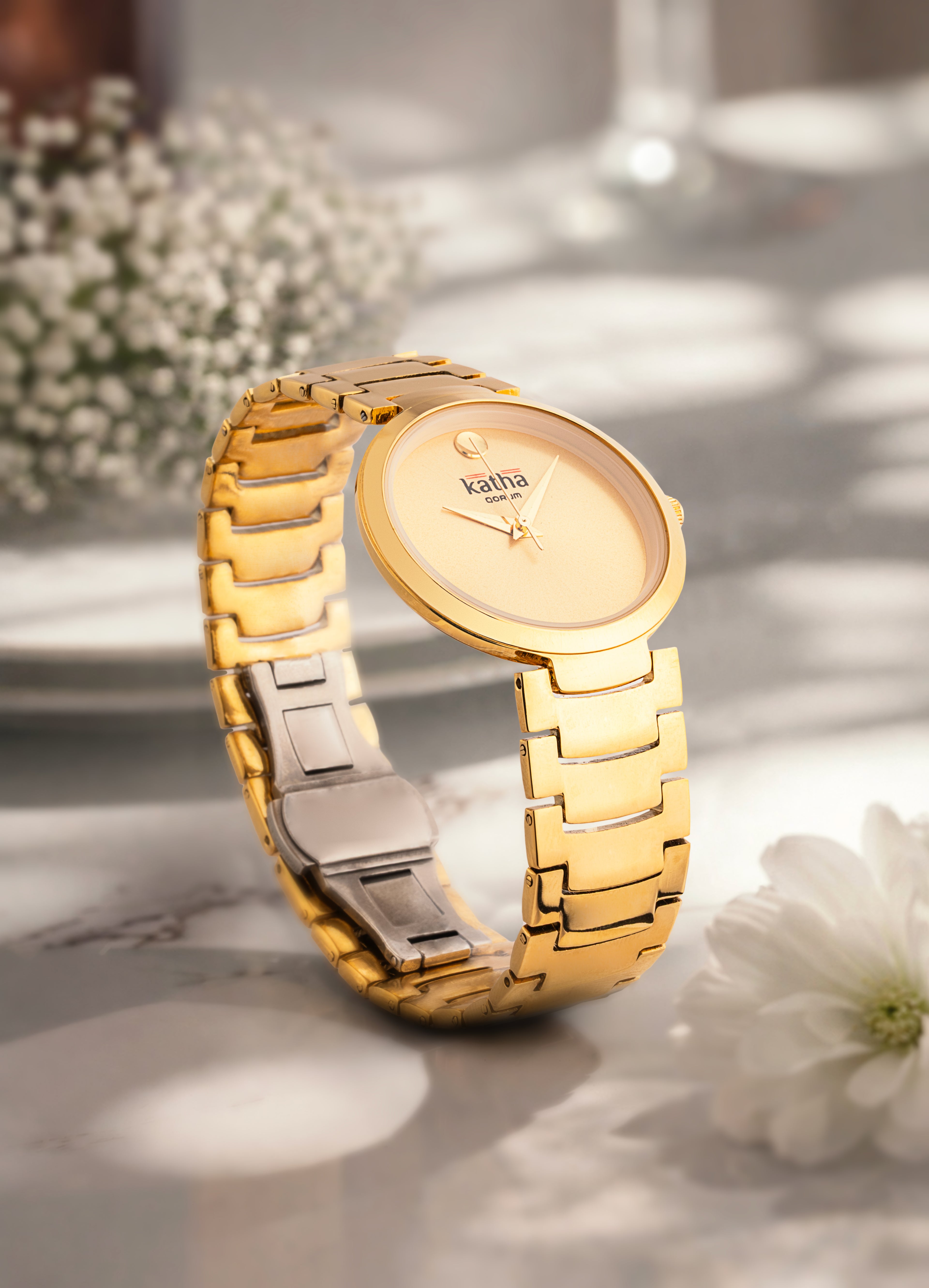 Qorum Katha Ladies Watch - Qorum Katha Ladies Watch – Gold Dial, Gold plated Stainless Steel Strap