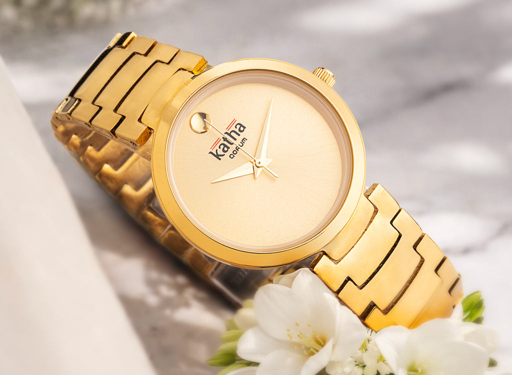 Qorum Katha Ladies Watch - Qorum Katha Ladies Watch – Gold Dial, Gold plated Stainless Steel Strap