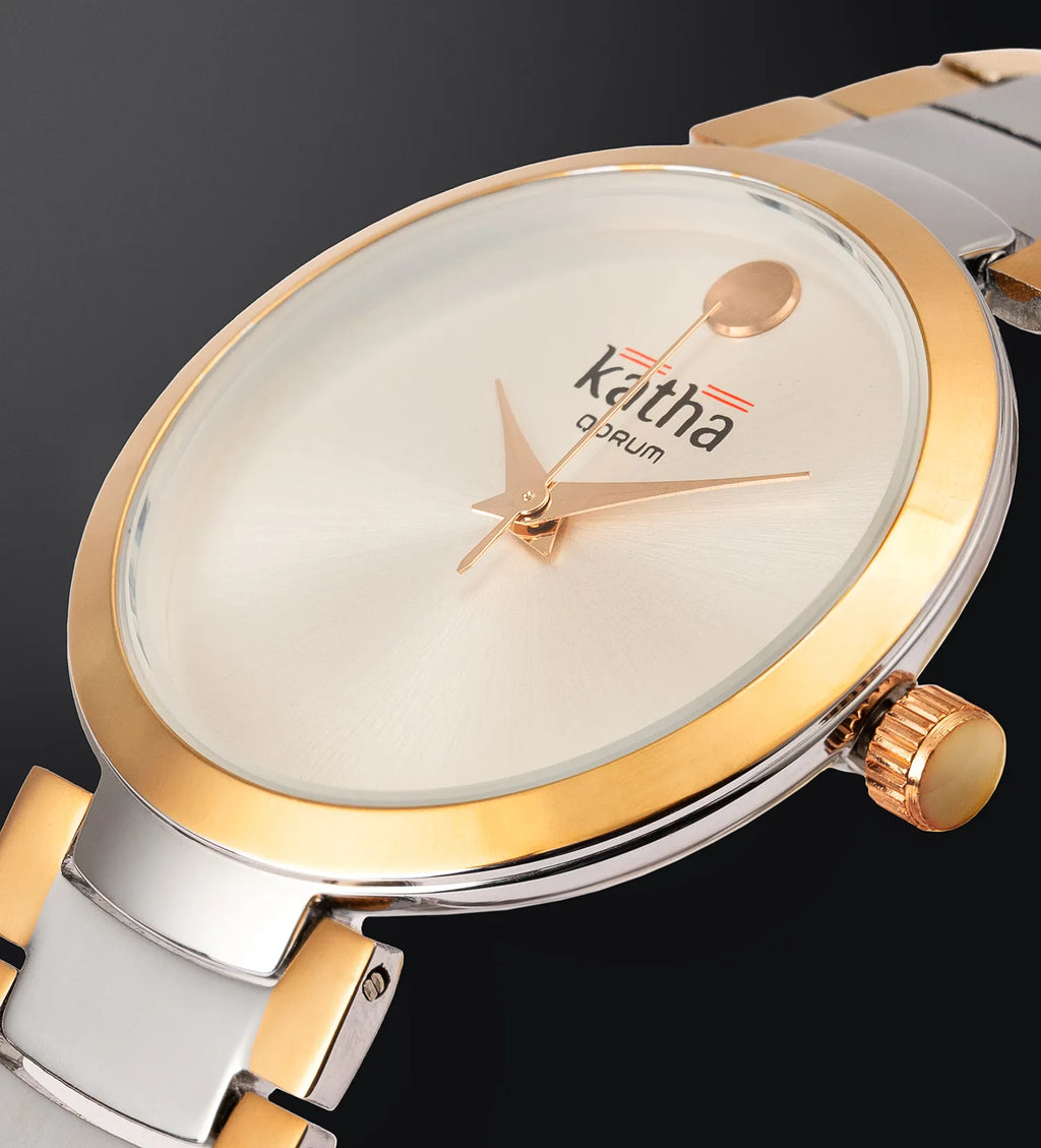 Qorum Katha Ladies Watch - Two Tone Gold Plated Stainless Steel Case With Silver Dial