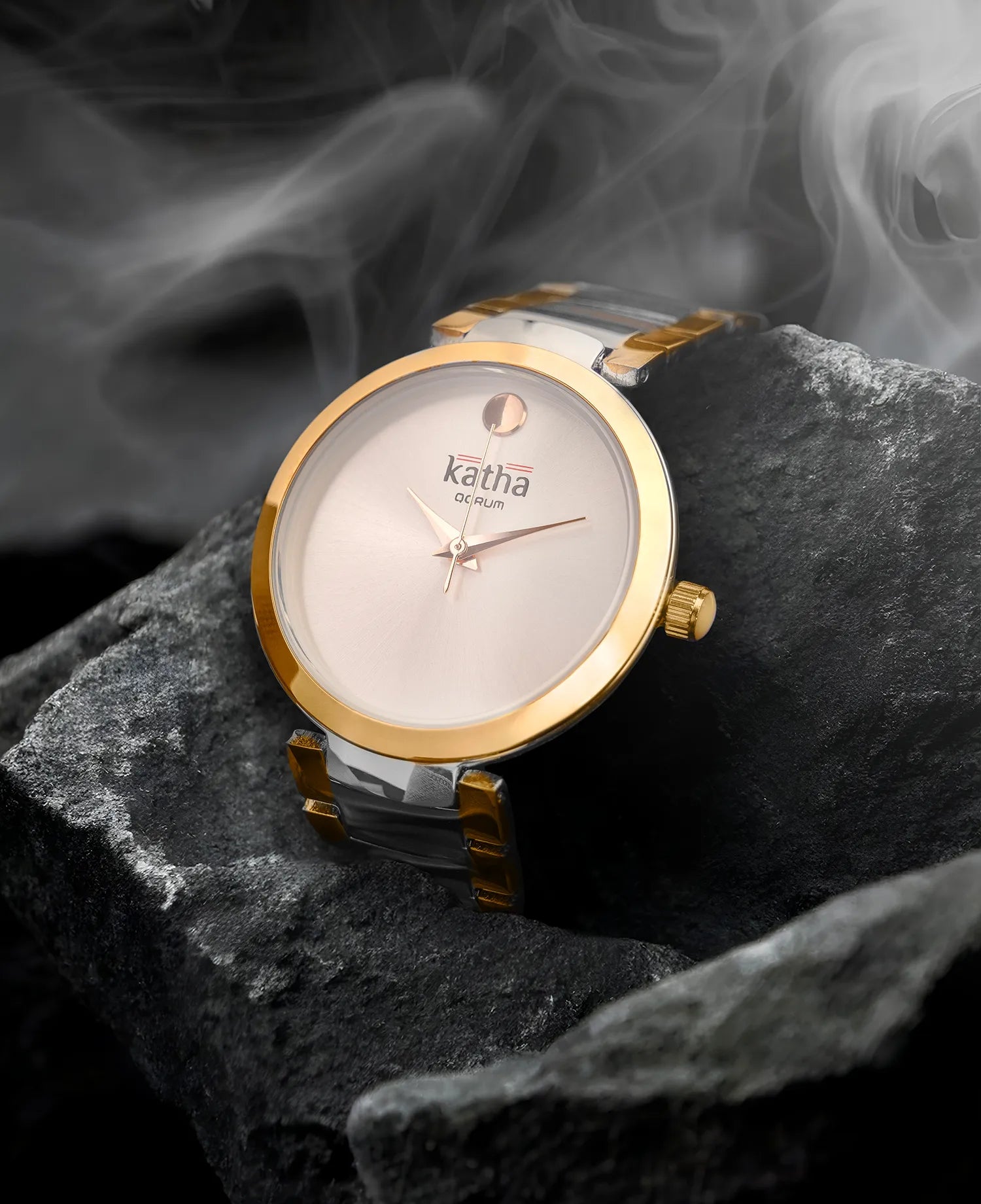 Qorum Katha Ladies Watch - Two Tone Gold Plated Stainless Steel Case With Silver Dial