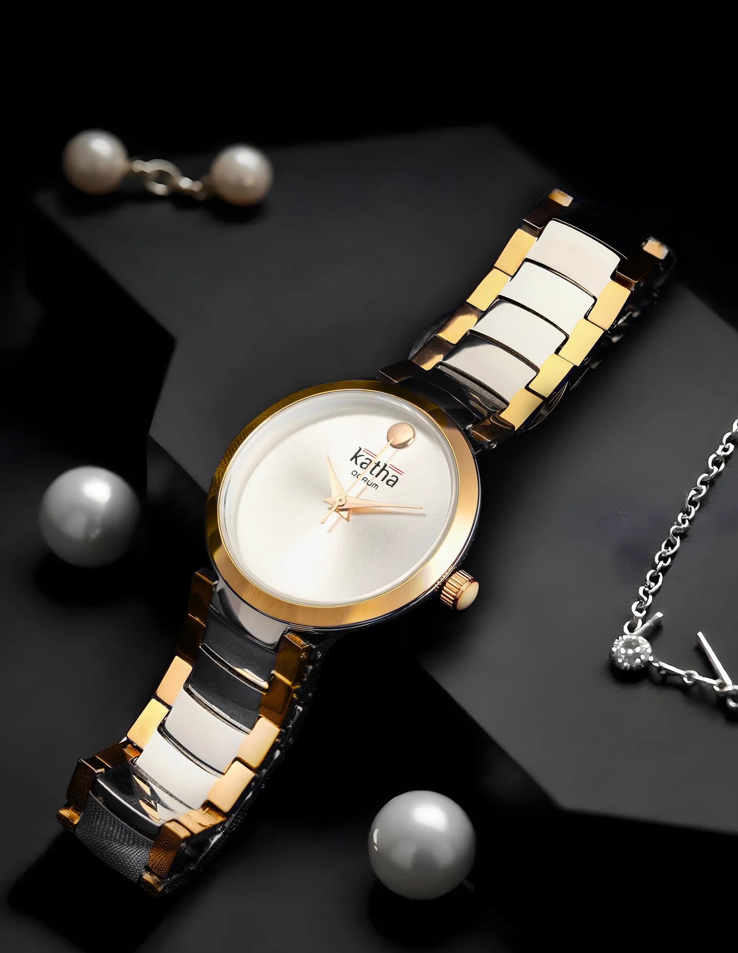 Qorum Katha Ladies Watch - Two Tone Gold Plated Stainless Steel Case With Silver Dial