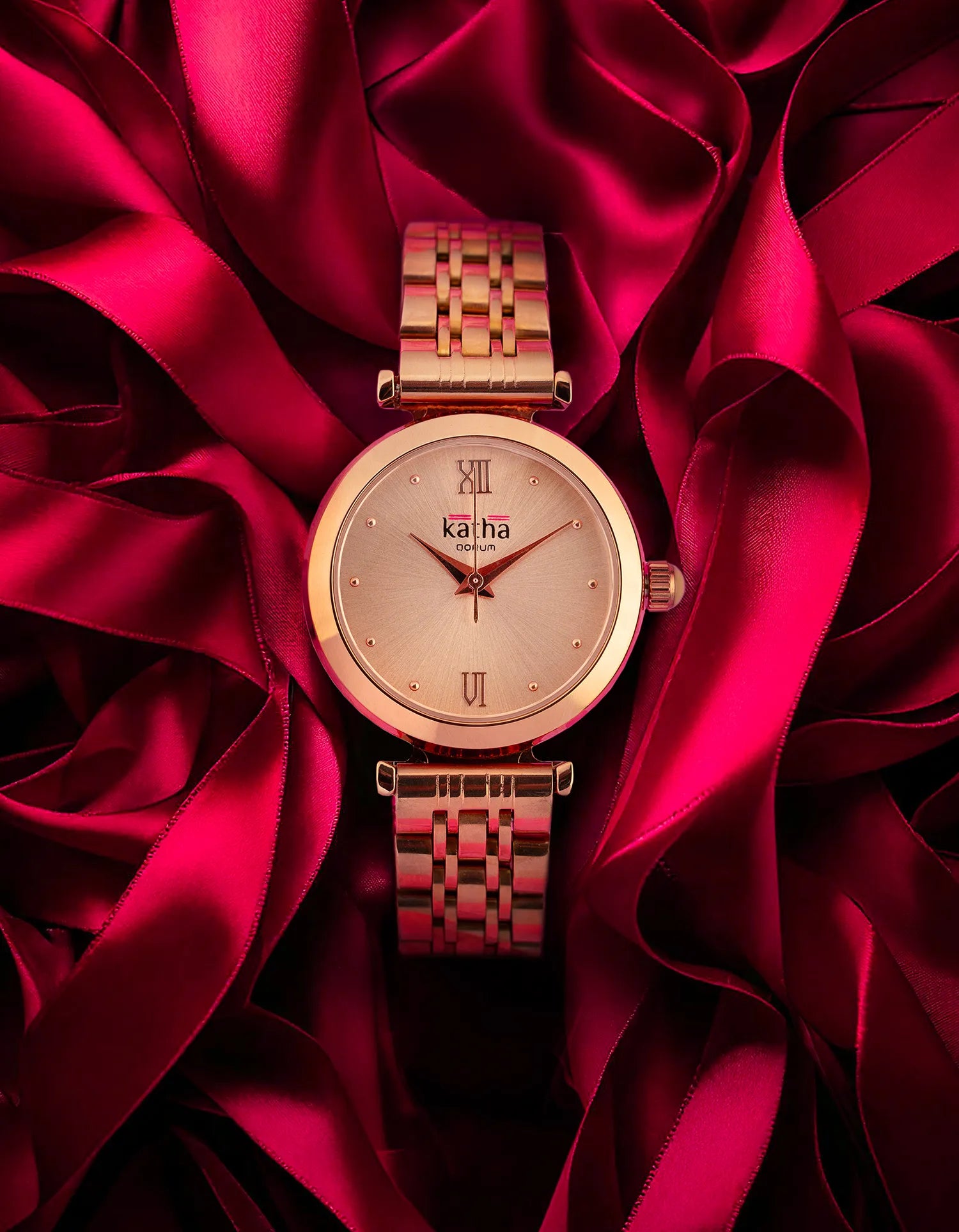 Qorum Katha Ladies Watch - Rose Gold Plated Stainless Steel Case With Rose Gold Dial