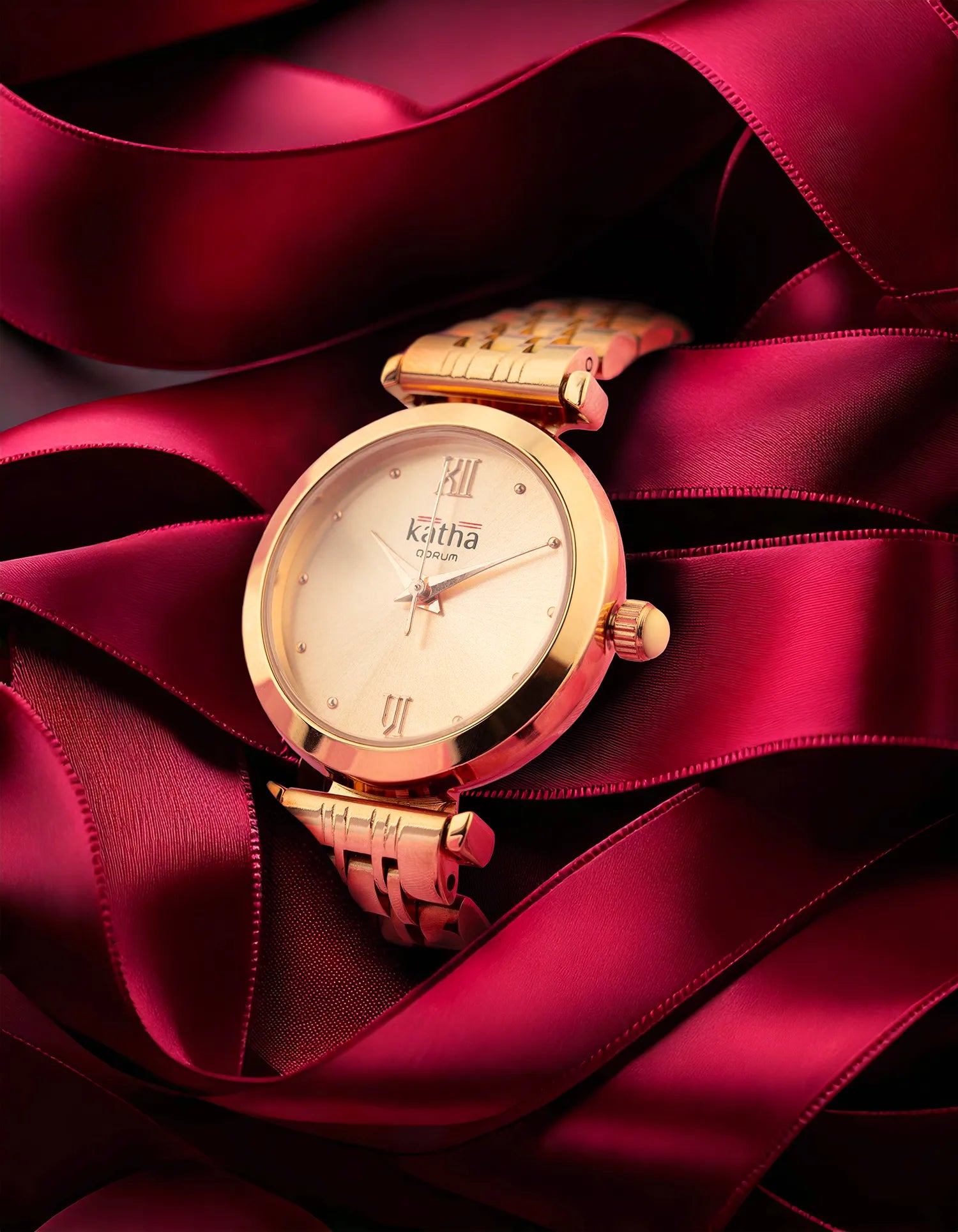 Qorum Katha Ladies Watch - Rose Gold Plated Stainless Steel Case With Rose Gold Dial