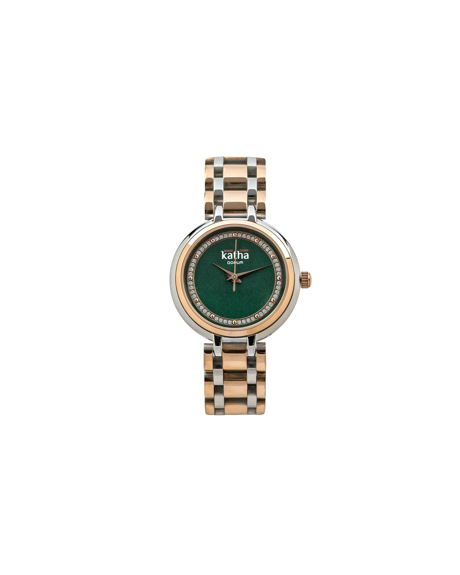 Qorum Katha Ladies Watch - Two Tone Rose Gold Plated Stainless Steel Case With Emerals Green Dial