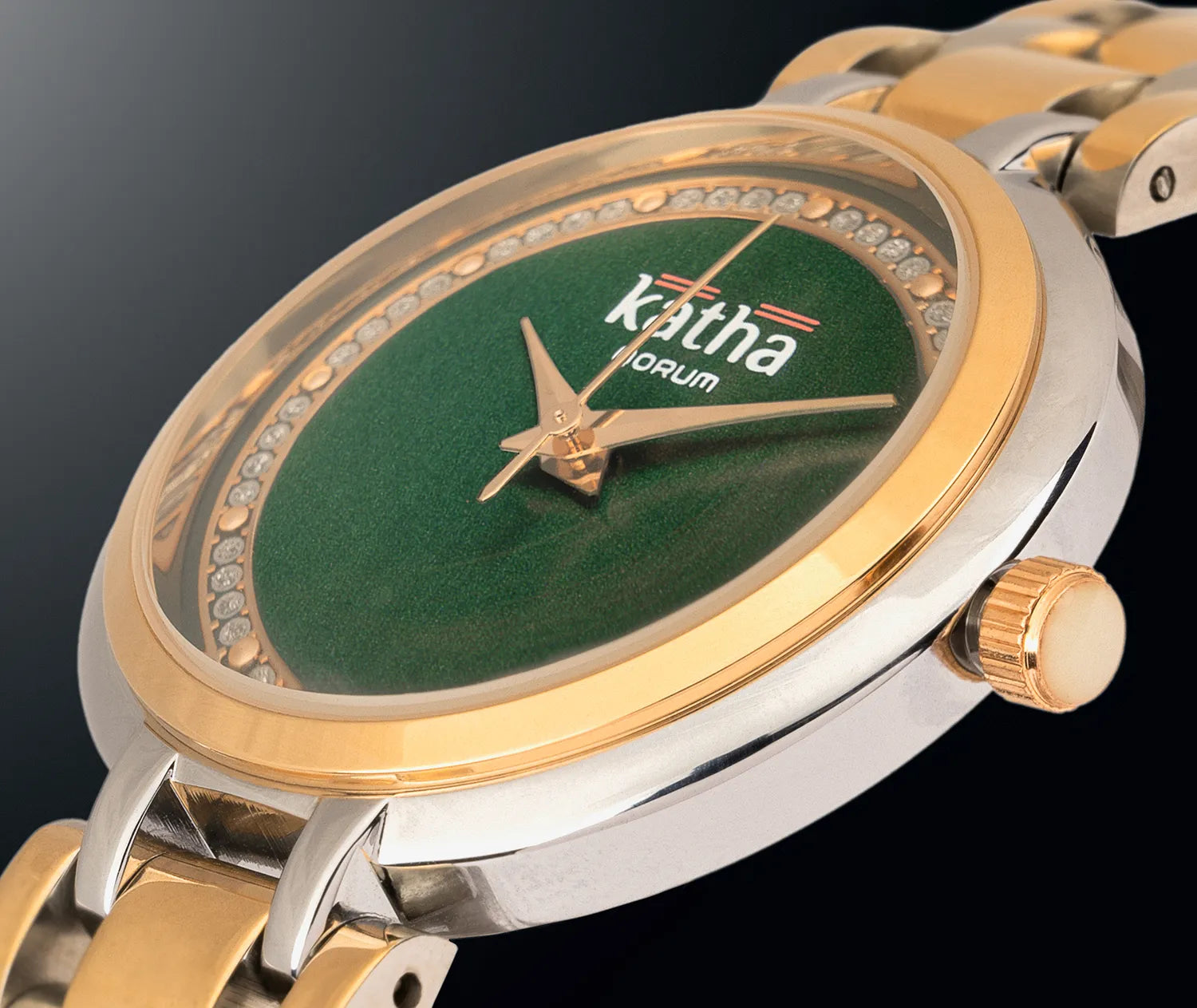 Qorum Katha Ladies Watch - Two Tone Rose Gold Plated Stainless Steel Case With Emerals Green Dial