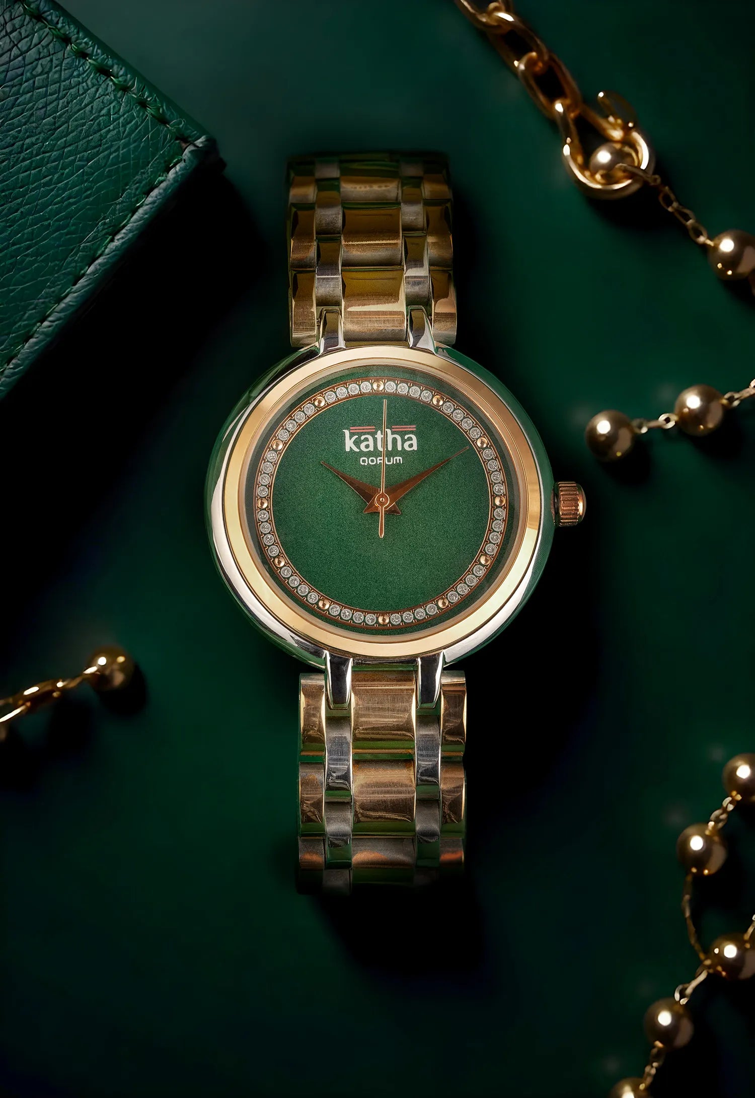 Qorum Katha Ladies Watch - Two Tone Rose Gold Plated Stainless Steel Case With Emerals Green Dial