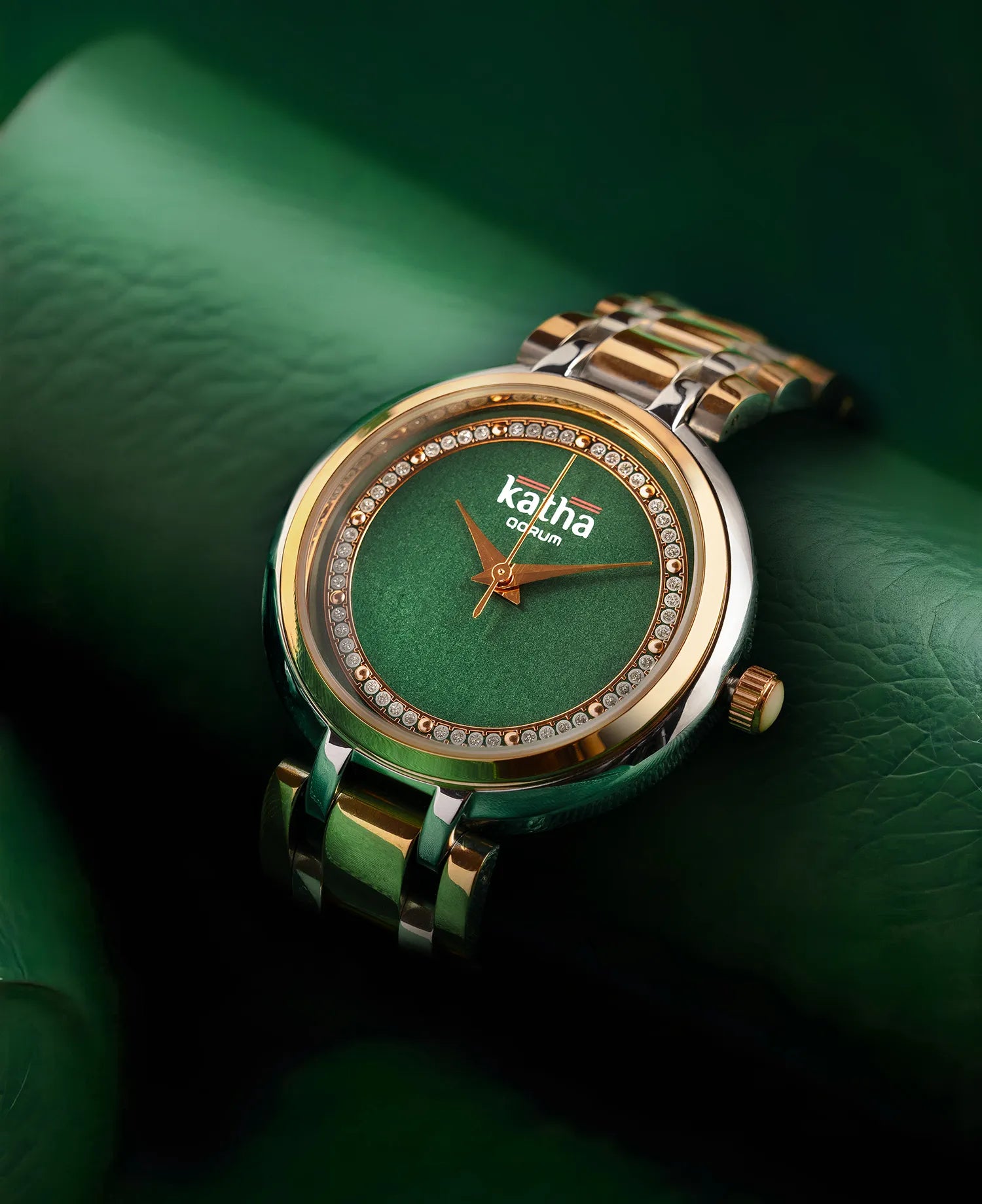 Qorum Katha Ladies Watch - Two Tone Rose Gold Plated Stainless Steel Case With Emerals Green Dial