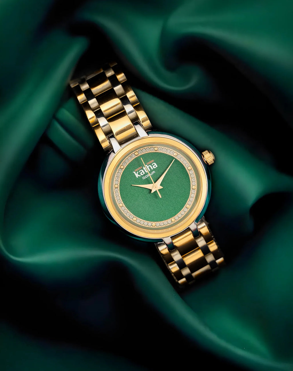 Qorum Katha Ladies Watch - Two Tone Rose Gold Plated Stainless Steel Case With Emerals Green Dial