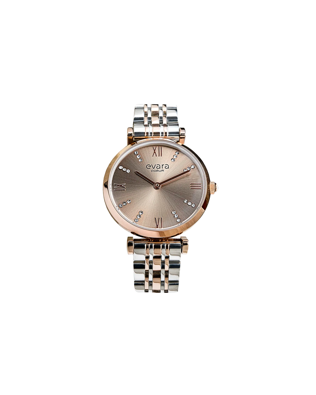Qorum Evara Ladies Watch – Platinum Grey Dial, Two-tone Rose Gold Plated Stainless Steel Strap